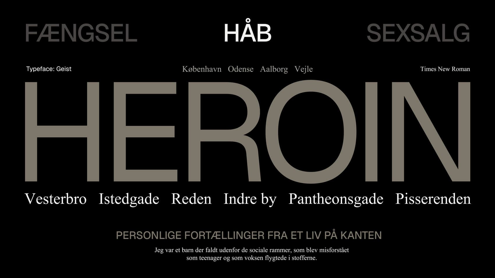 Typography overview of the Gadens Stemmer identity: typefaces Geist and Times New Roman with keywords like Fængsel, Håb, Heroin and Copenhagen street names