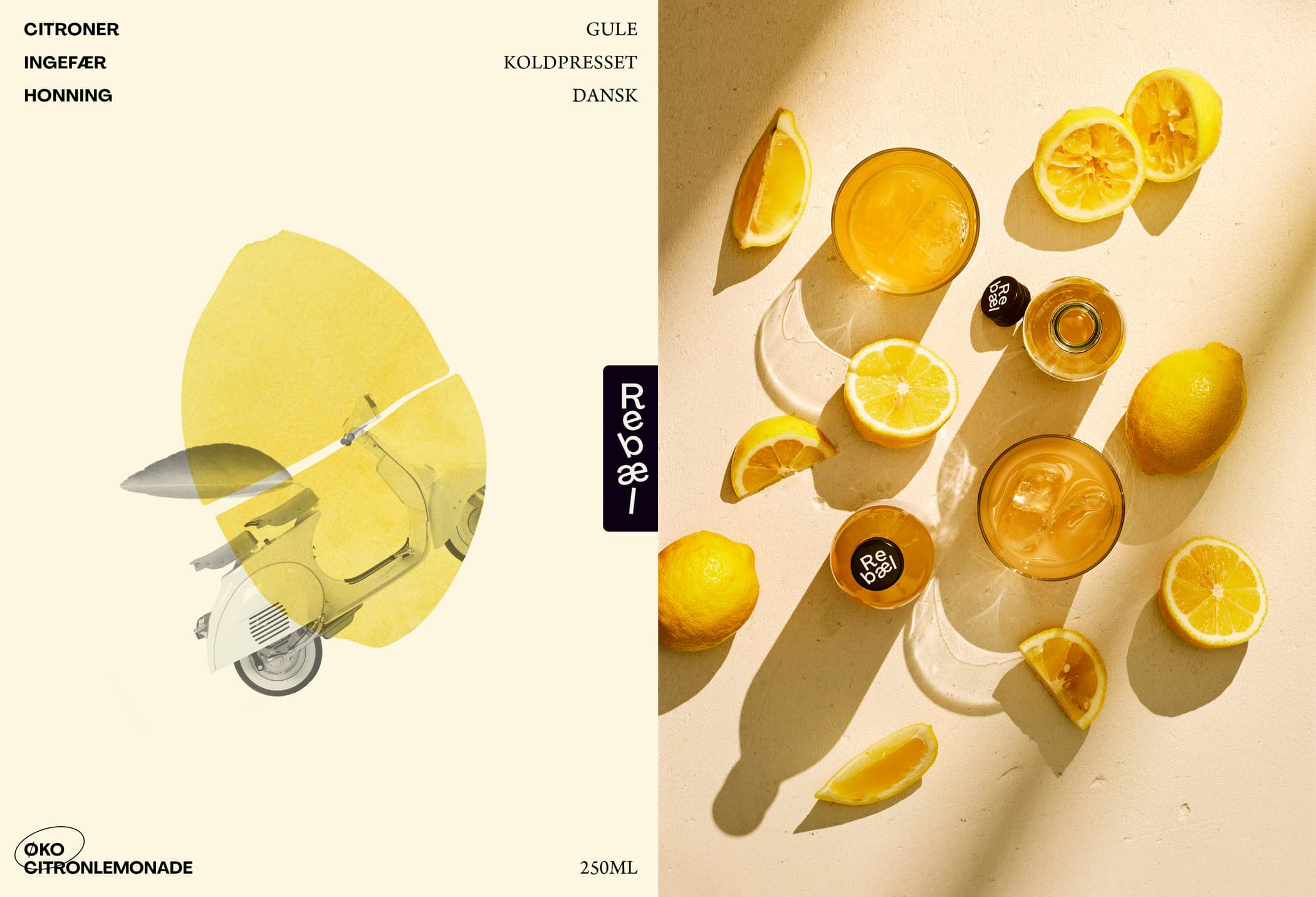 A combined photo of the illustration for Rebæl limonade and a top down shot of bottles along lemons