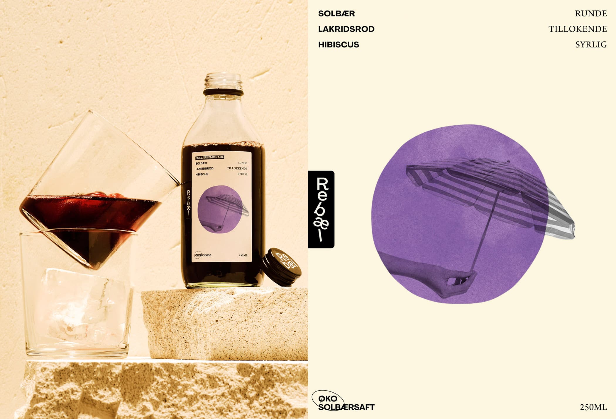A combined photo with the illustration for Rebæl blackcurrant lemonade on the right and the bottle on the left