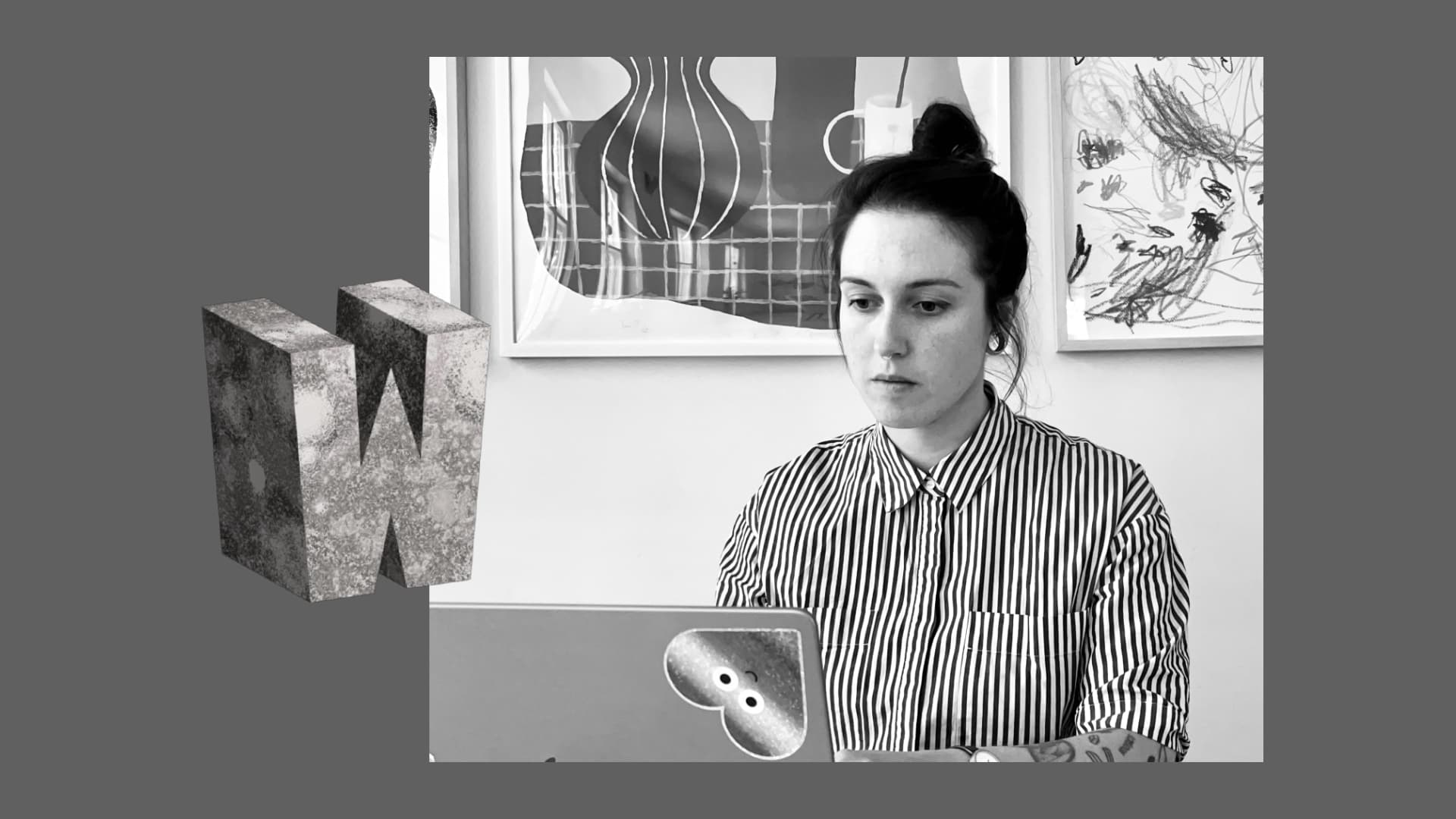 Hero image for the Maison Mère interview: black-and-white photo of Clara Isaksson at her laptop, composited with a granite-textured 3D letter 'W' on a grey background.