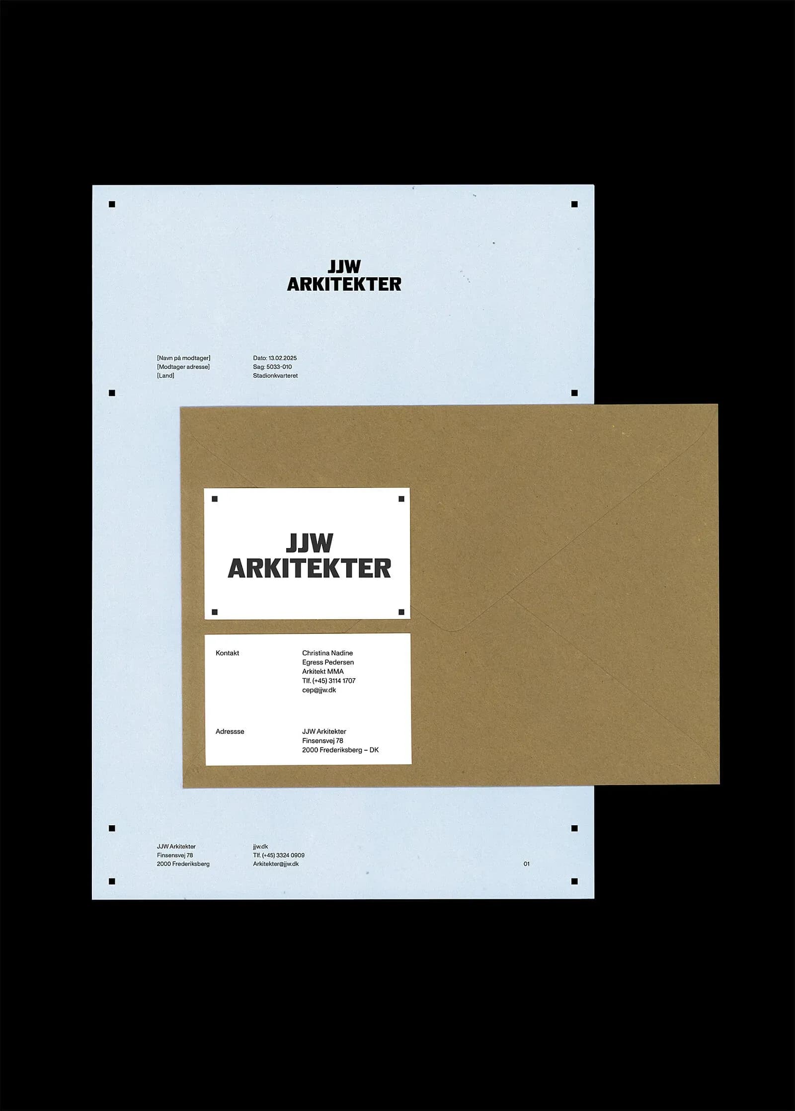 JJW Architects brand identity applied to stationary like letters and business cards