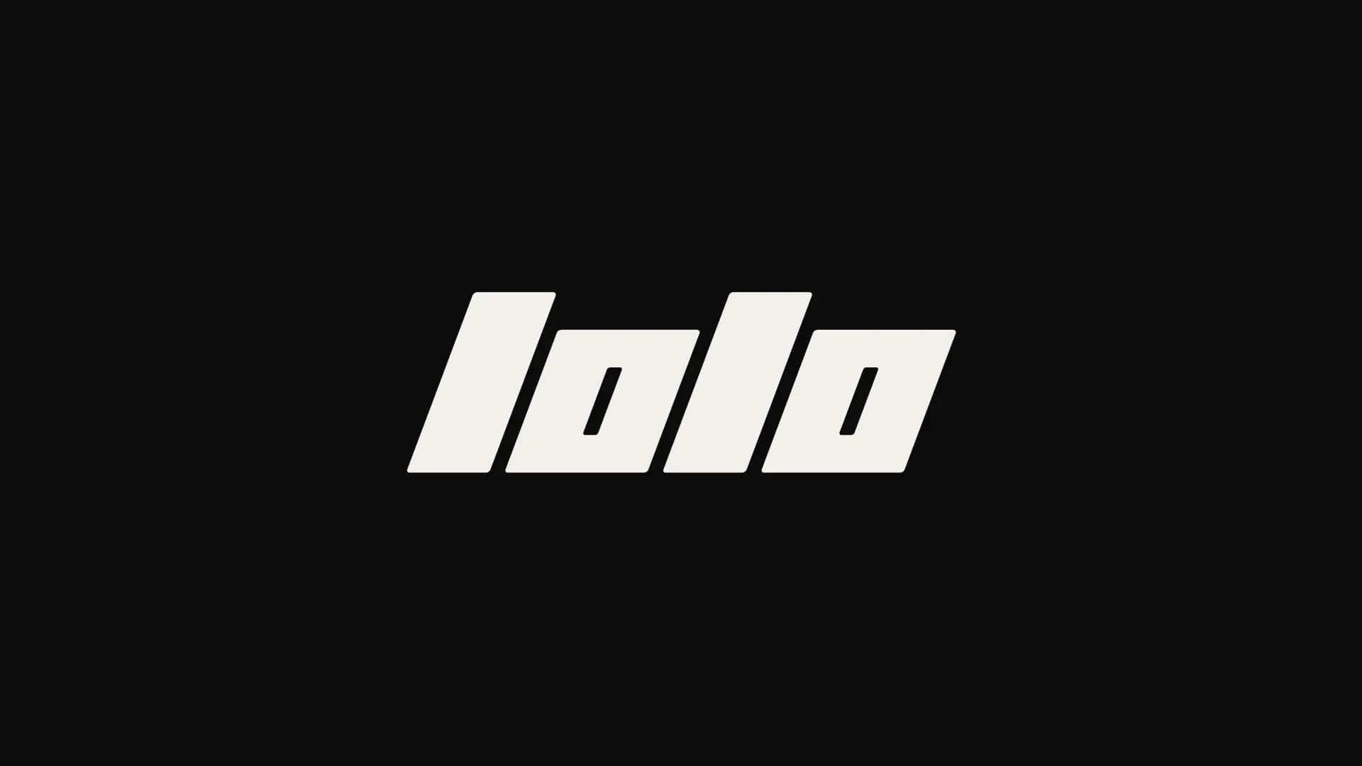 Lolo wordmark in white skewed geometric type centered on a black background.