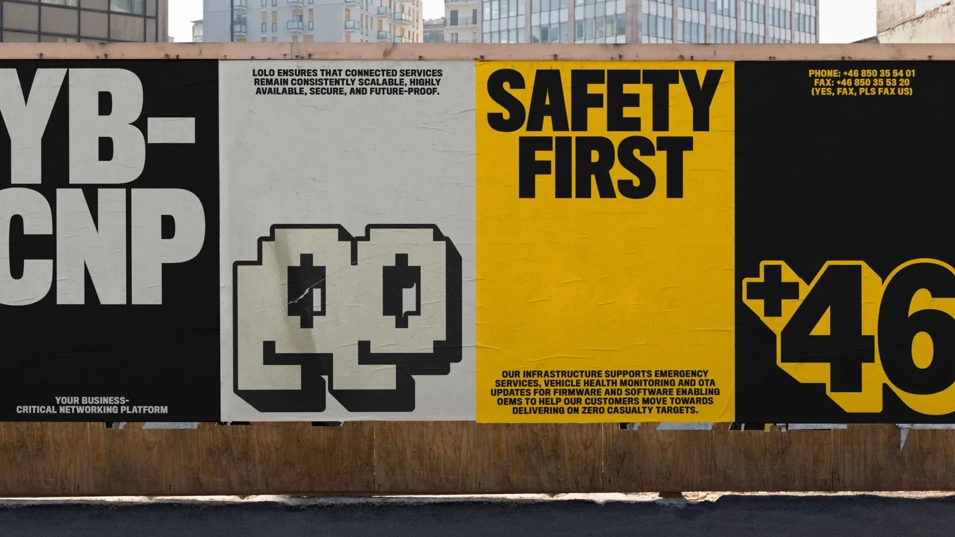 Four Lolo brand posters displayed outdoors in an urban setting. The posters feature the acronym YB-CNP, Lolo's mascot icon, a 'Safety First' message about critical infrastructure, and the Swedish country code +46 with contact details. Black, white, and yellow palette.
