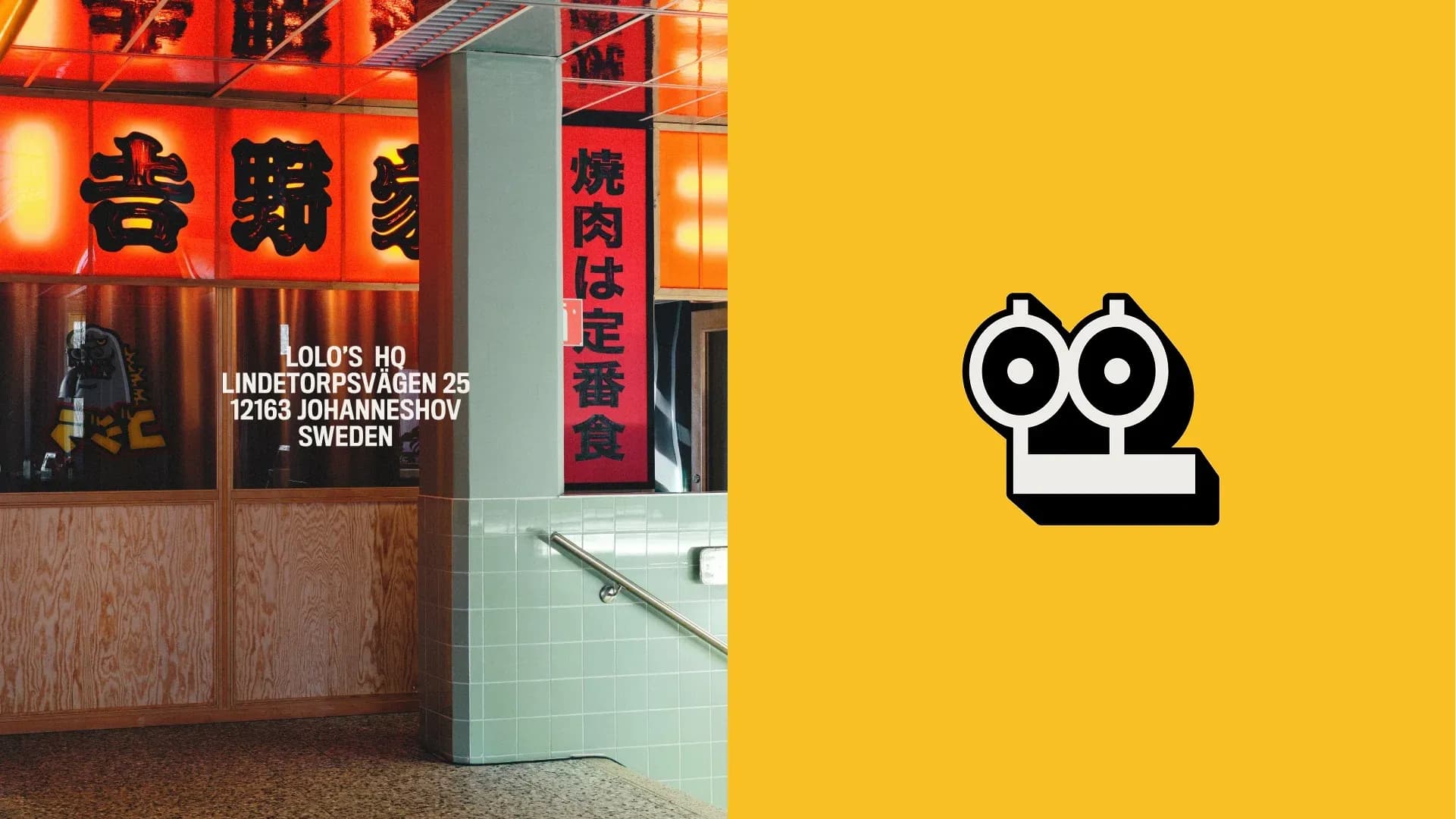 Split image: left side shows Lolo's HQ interior with Japanese-inspired decor and the address Lindetorpsvägen 25, Johanneshov, Sweden. Right side shows Lolo's mascot icon on a yellow background.