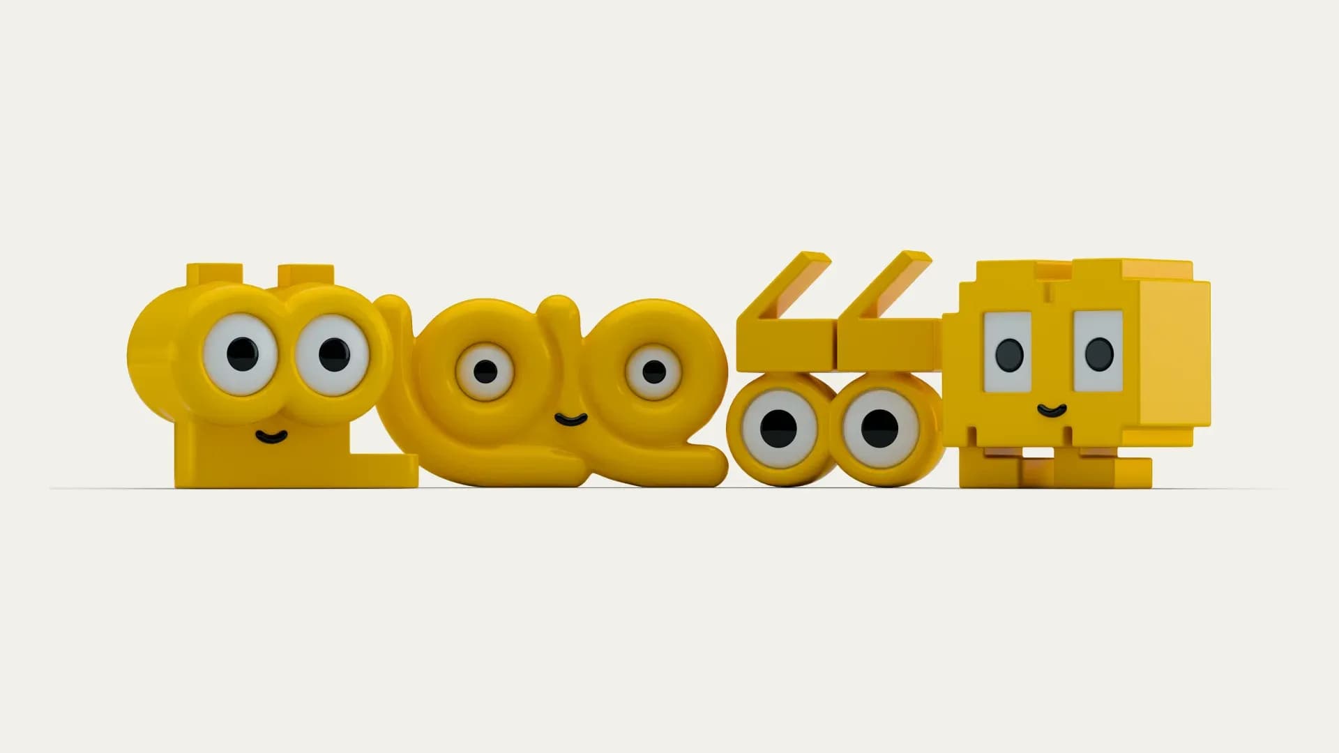 Four 3D-rendered variations of Lolo's yellow mascot with large eyes – ranging from rounded and blob-shaped to angular and pixelated LEGO-style – lined up against a light background.