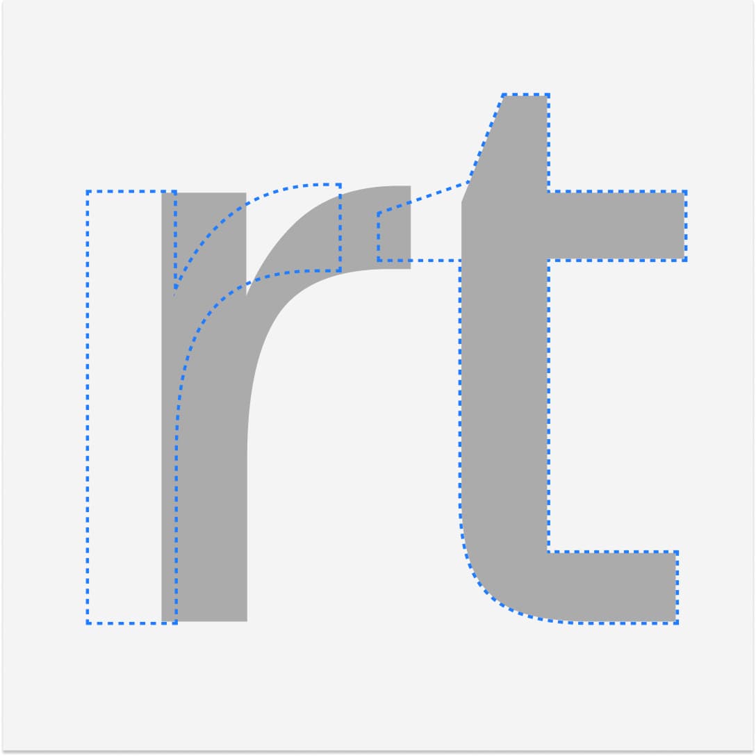 Typographic construction graphic: letters 'rt' in large grey glyphs with blue dashed bounding boxes showing the geometric construction and spacing logic of the Telegraf typeface.
