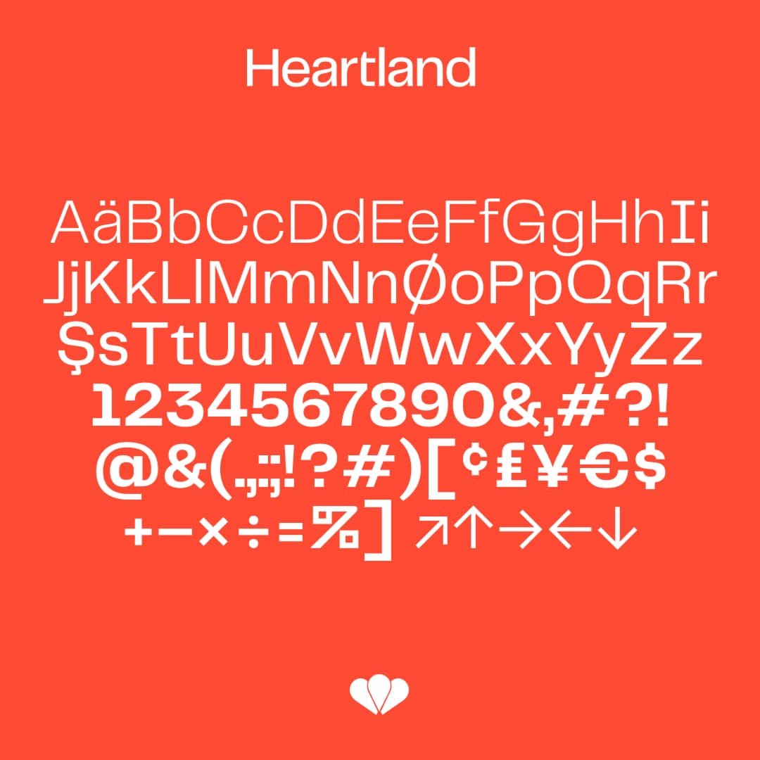 Telegraf type specimen on coral-red background: full character set including Latin letters, numerals, special characters, currency symbols and directional arrows in white type. Heartland logo and heart icon at top and bottom.