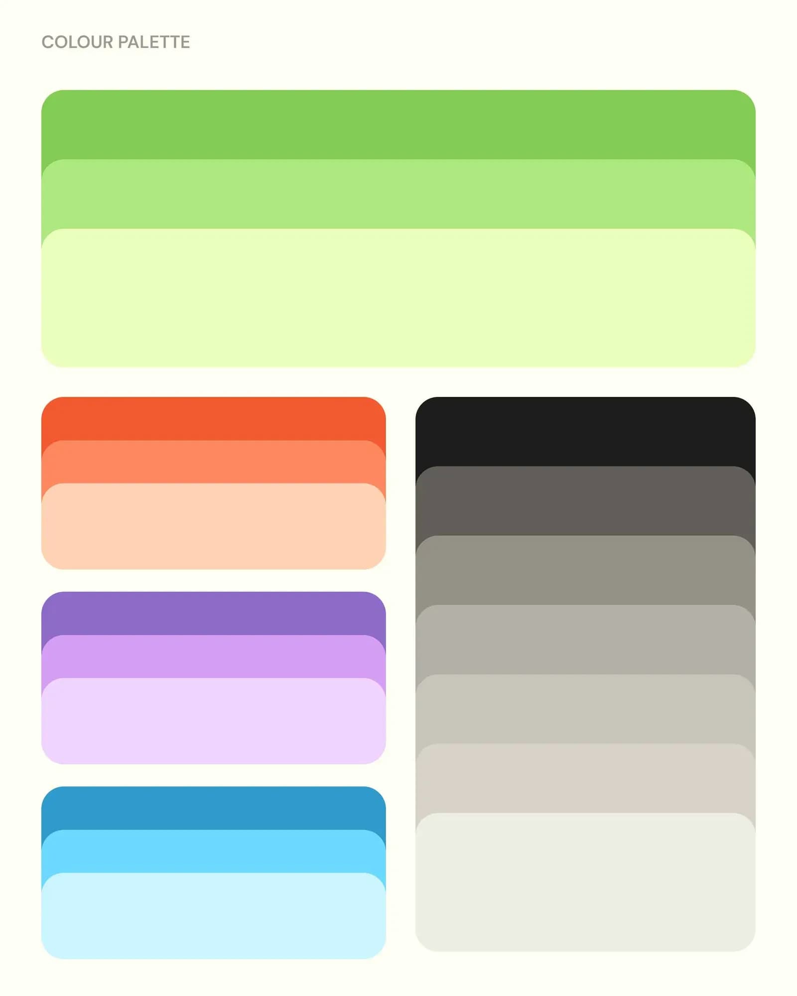 NKI colour palette: green, orange, purple and blue in three tones each, plus a scale of warm greys down to black. All swatches have rounded corners and overlap like stacked cards.
