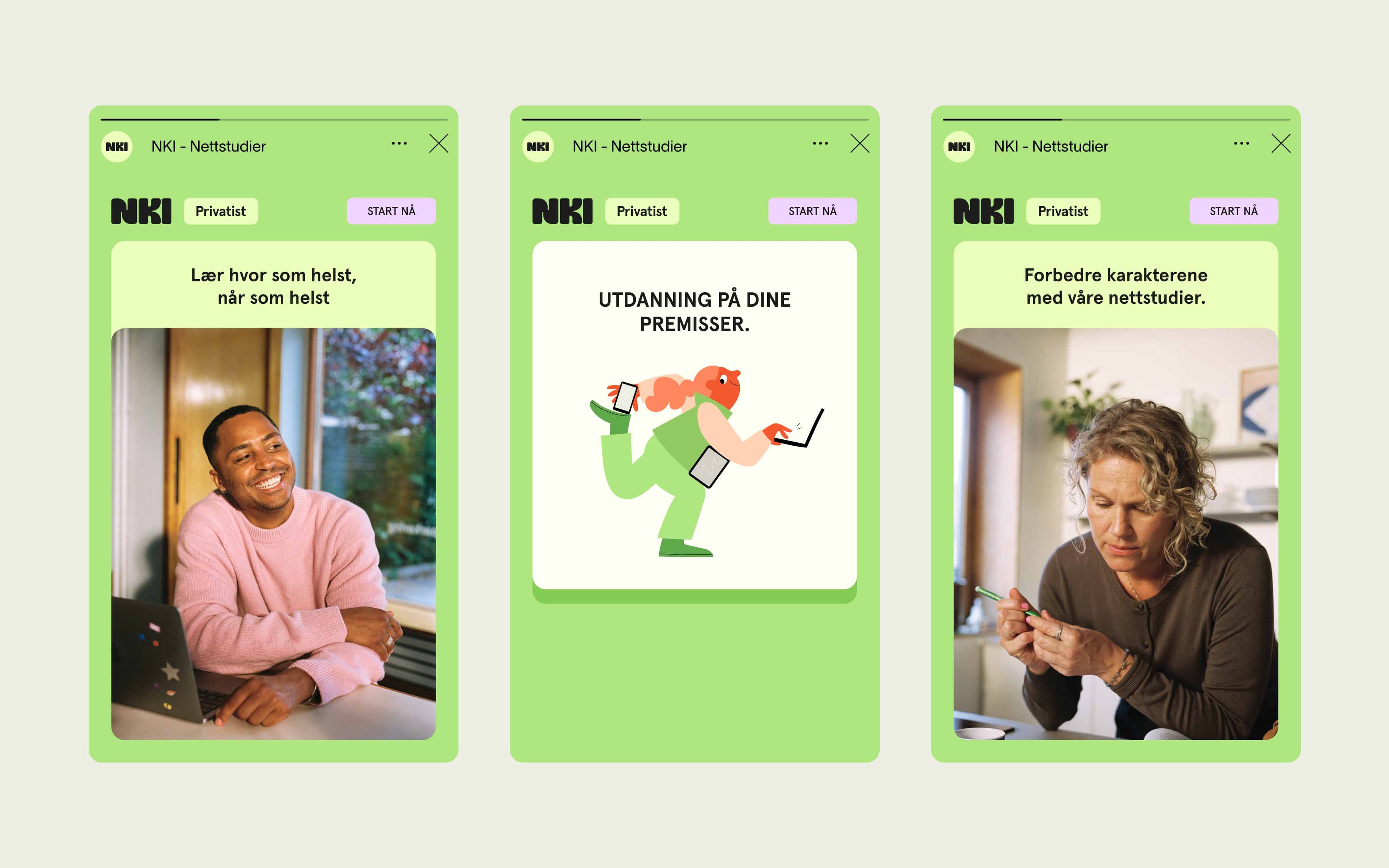 Three Instagram Stories mockups for NKI with a "Privatist" label and "Start nå" button: a smiling man in a pink sweater ("Lær hvor som helst, når som helst"), an illustrated character, and a curly-haired woman.