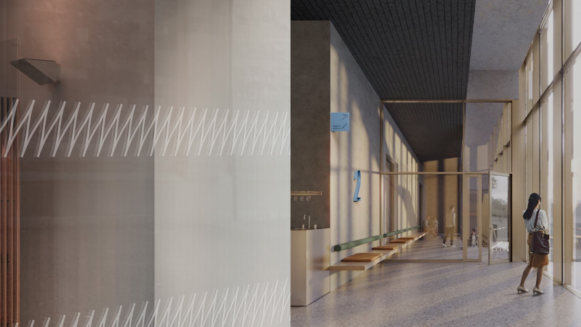 Split image: left, a sculptural white zigzag wall installation; right, a bright lobby interior with a blue numbered sign and pictograms, part of Sentralbadet Scenekunsthus' wayfinding system.