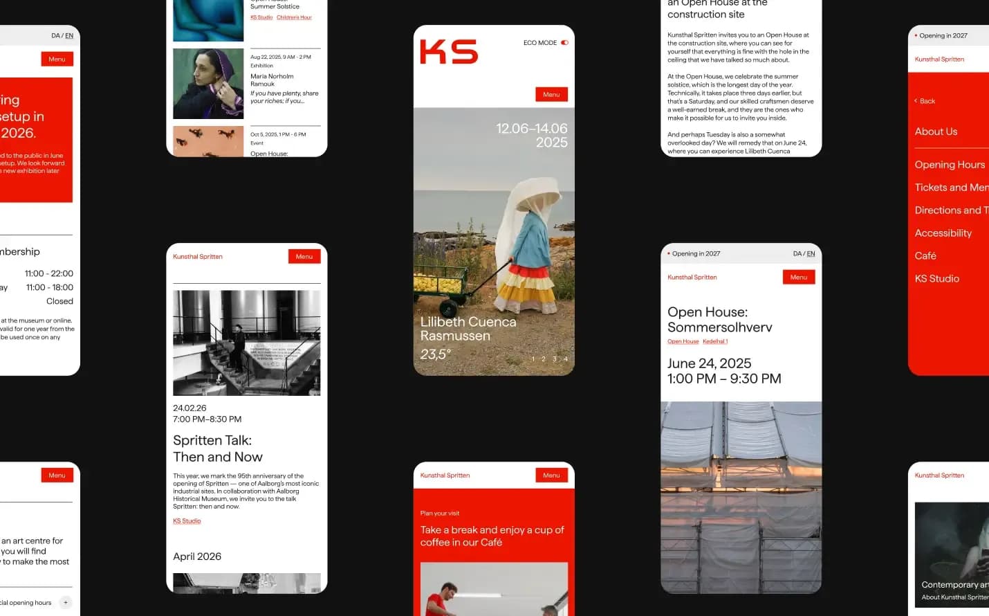 Collection of mobile screen designs for the Kunsthal Spritten website: homepage, exhibitions, events, café, navigation, and eco mode.