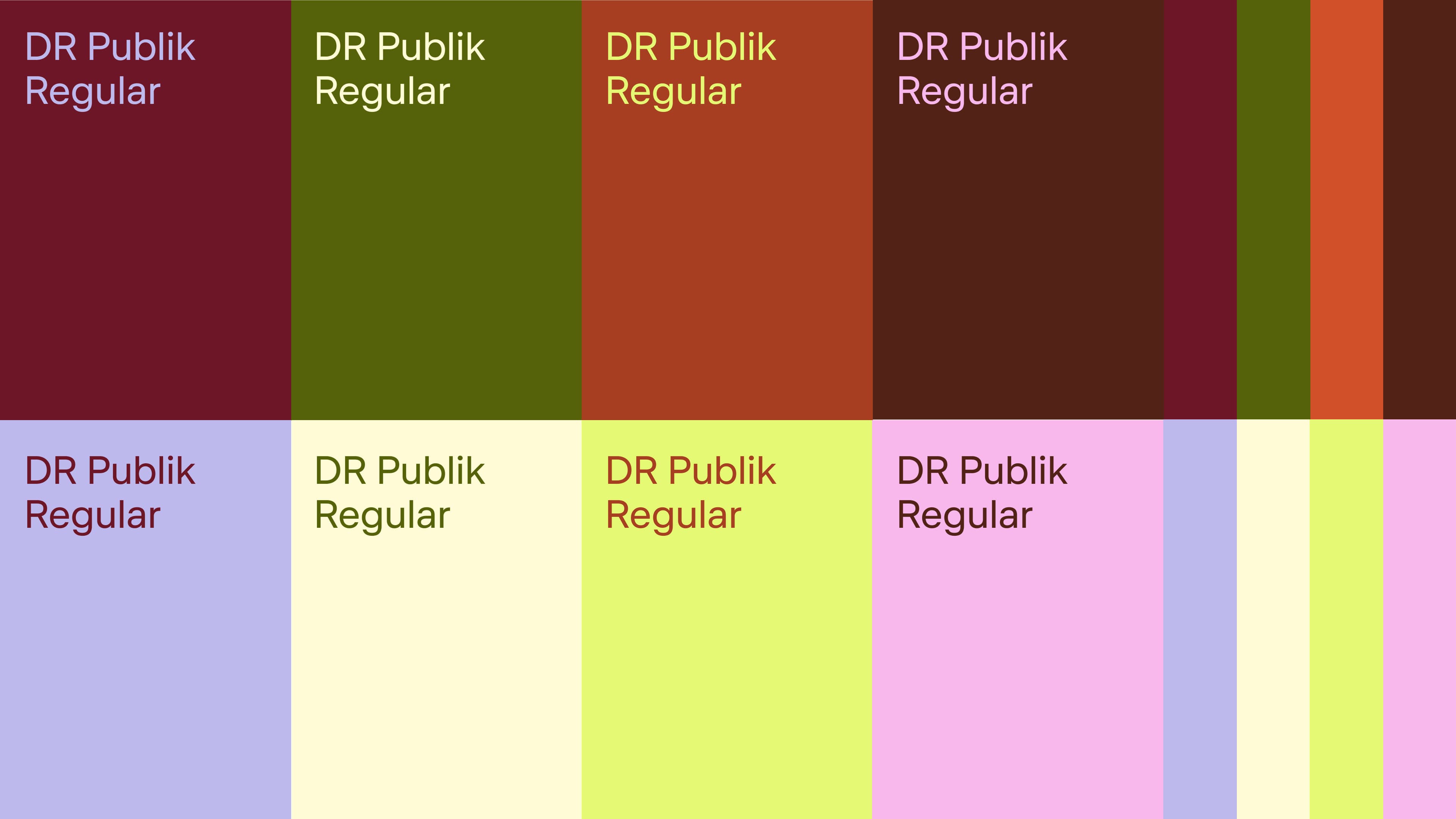 Colour swatches in burgundy, olive, orange, brown, lavender, cream, lime and pink, paired with the DR Publik Regular typeface in complementary tones.