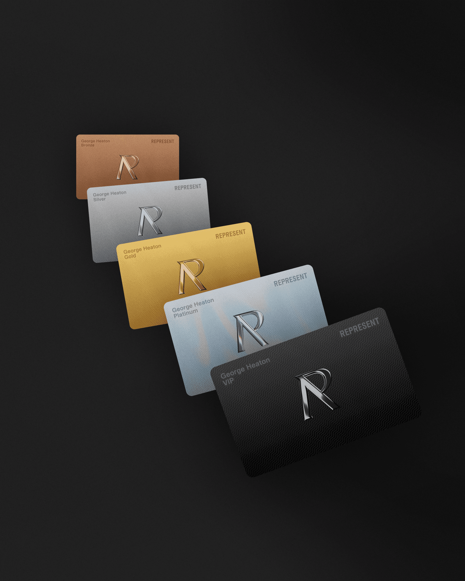 Five Cards representing fix out of six tiers in Represent's loyalty programme Prestige, designed by Grebban