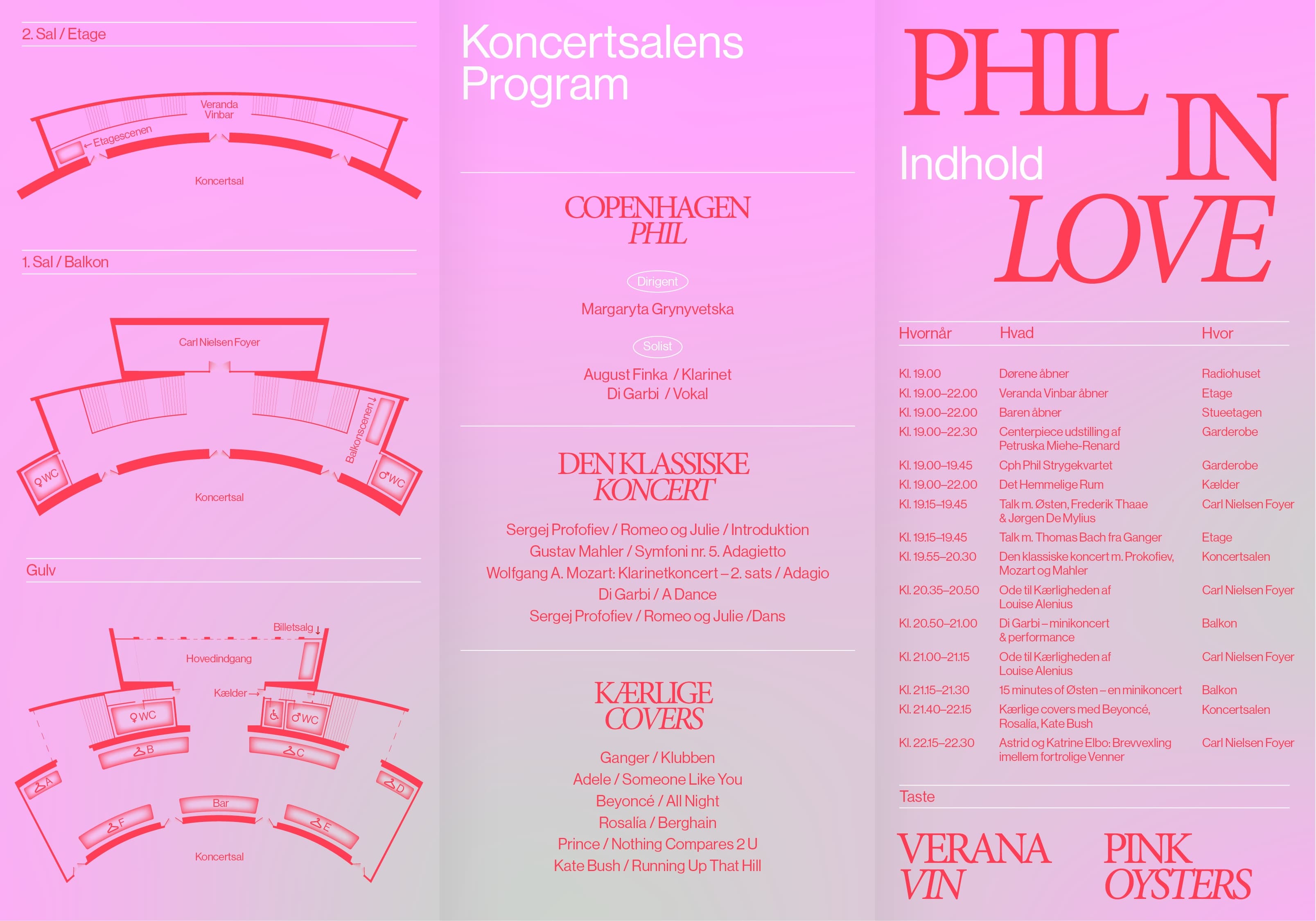 Folded programme brochure for Phil in Love showing concert hall seating plan, classical concert and covers repertoire, schedule and performers – in pink and red graphic identity