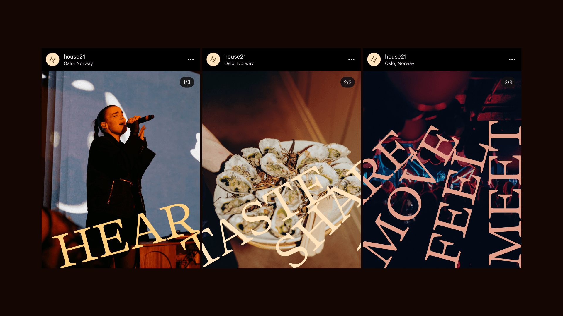 Three Instagram story mockups for house21: a singer captioned 'Hear', a plate of oysters captioned 'Taste Share', and a nightclub scene captioned 'Move Feel Meet'.