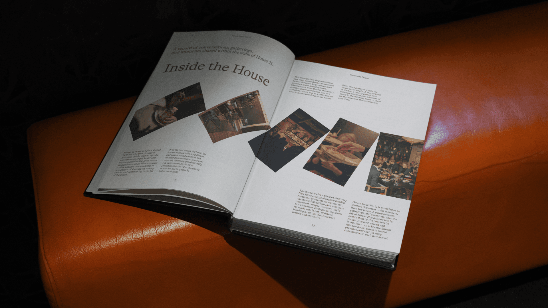 Open magazine spread titled 'Inside the House' showing candid photos from House21 gatherings alongside descriptive text about the members' community.
