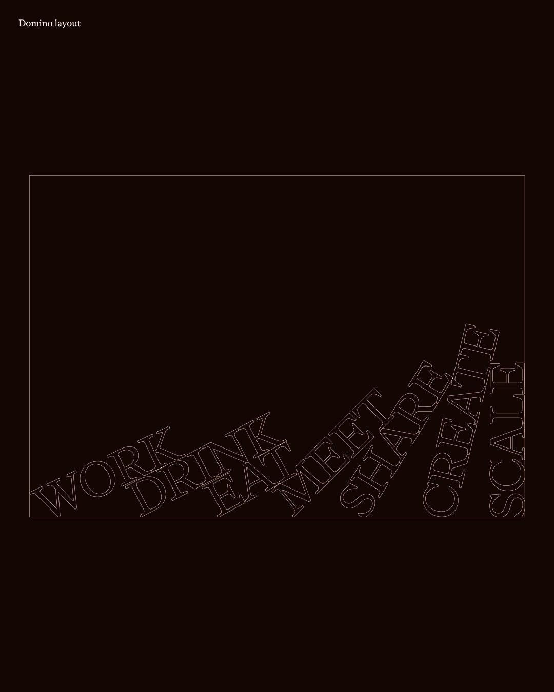 Vertical outline diagram of the domino-style word layout reading 'Work Drink Eat Meet Share Create Scale', shown without imagery.