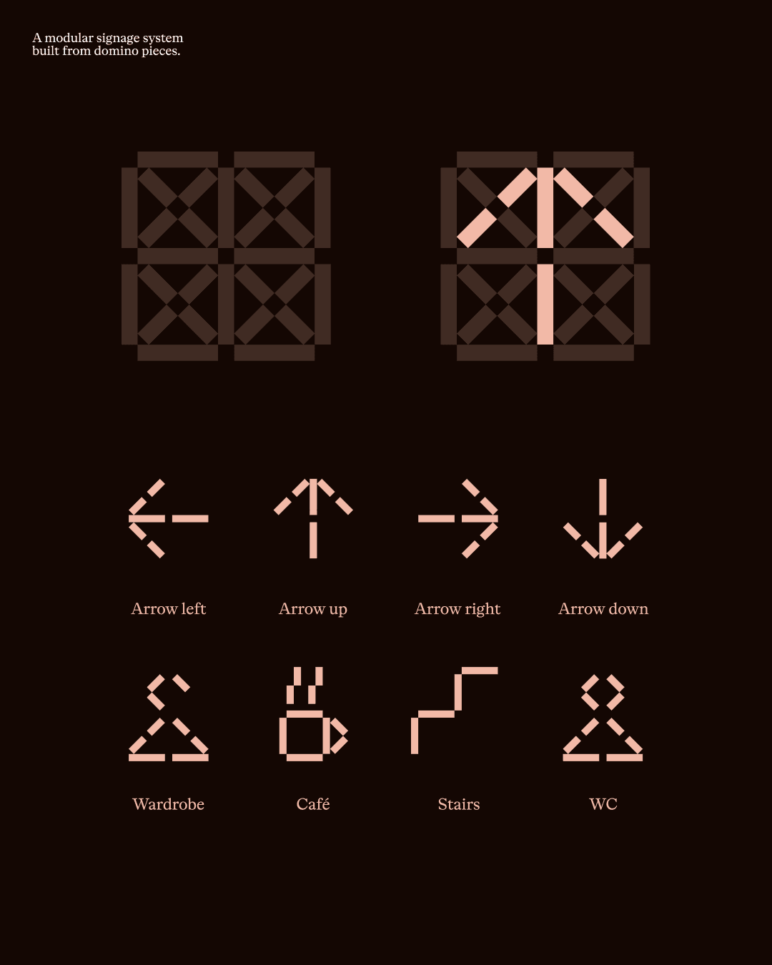 Modular wayfinding icon system built from domino-shaped pieces, showing arrow, wardrobe, café, stairs and WC symbols against a dark background.