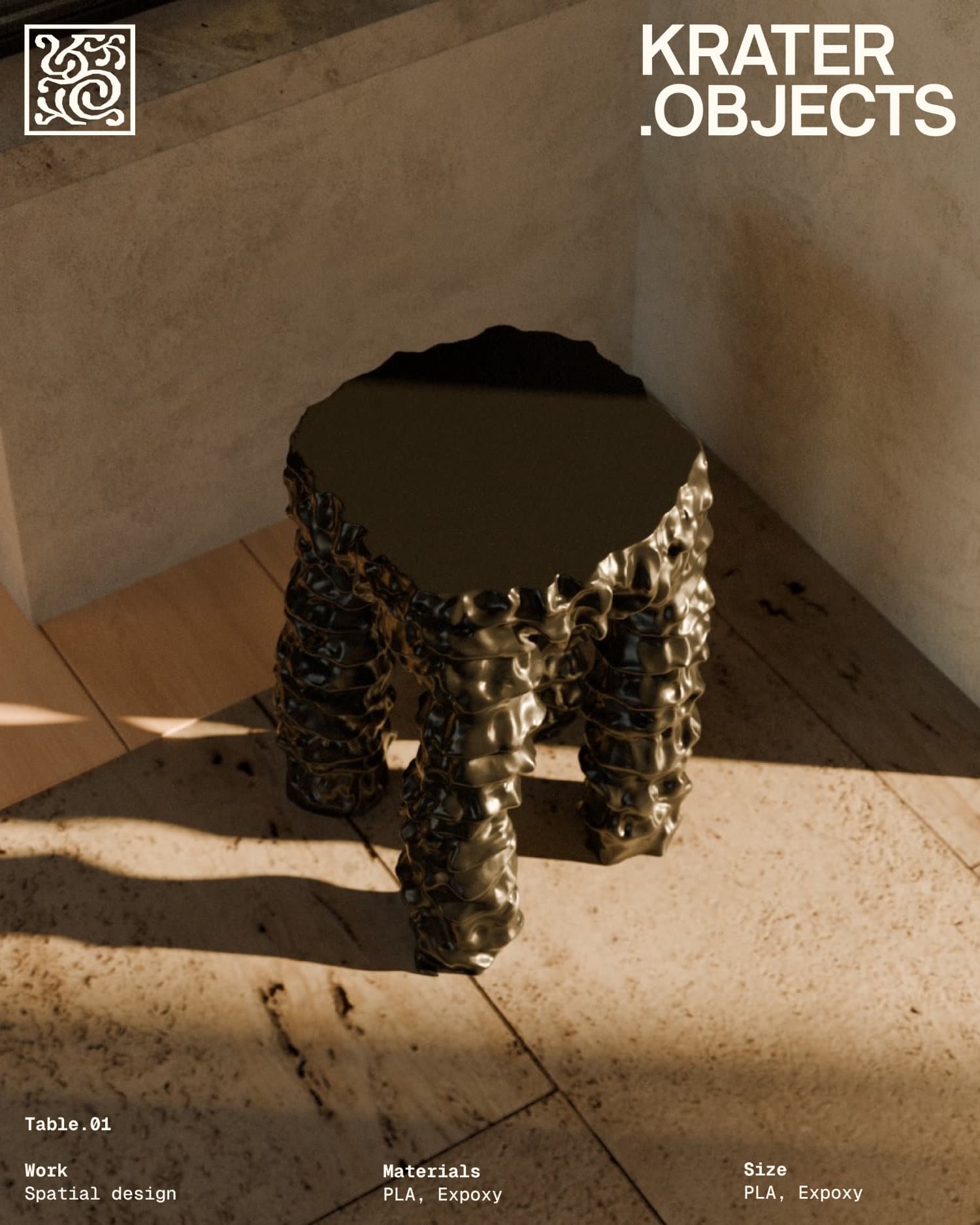 Table.01 in a sunlit travertine-clad corner, its bronze-toned textured legs catching warm light; Krater.Objects logo top right, caption listing Work: Spatial design, Materials: PLA, Epoxy.