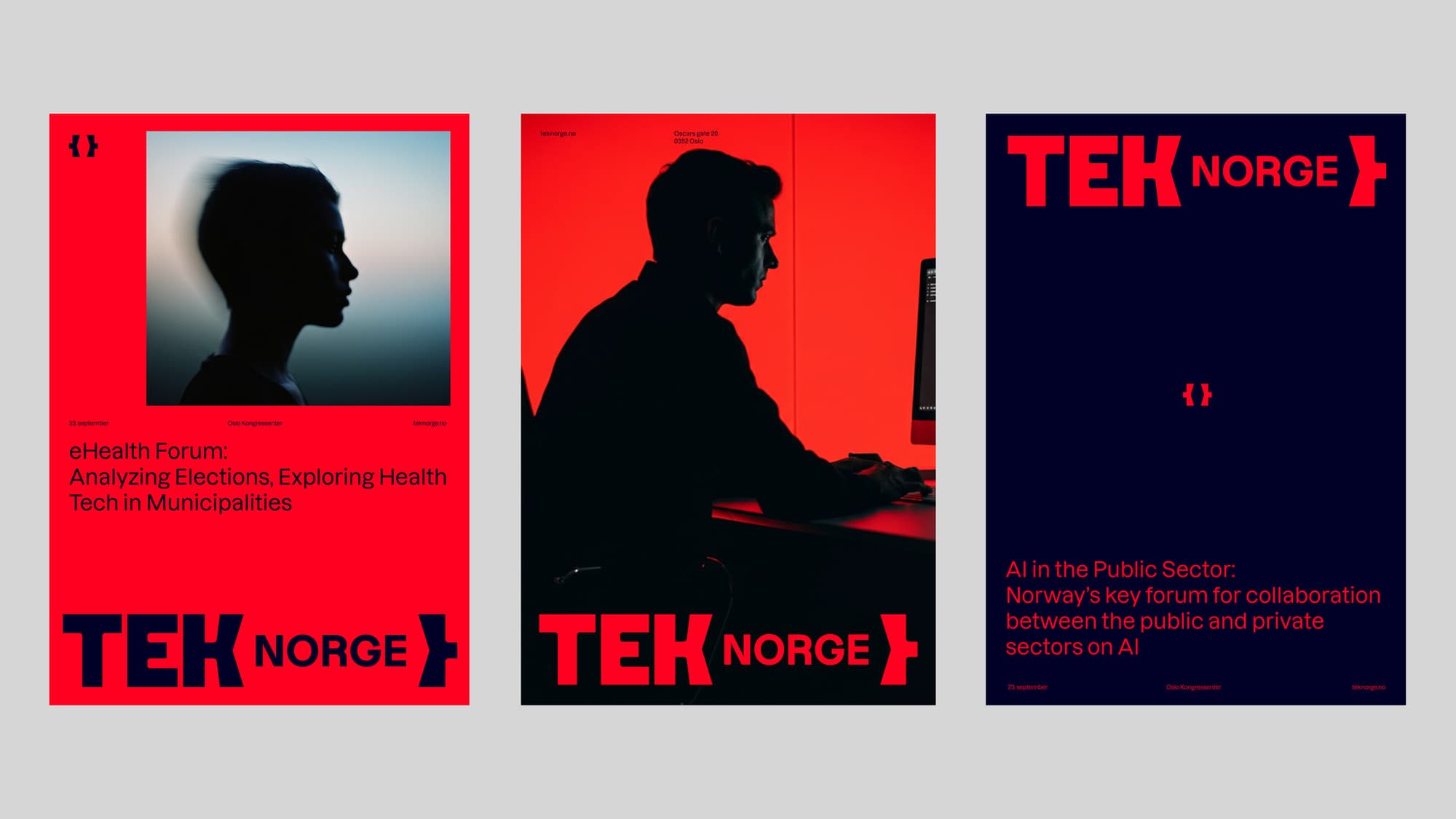 Three TEK Norge event posters side by side: a red poster with a silhouette and eHealth Forum text, a red poster with a person at a computer in red light, and a navy poster about AI in the public sector. Shows the poster system's range and consistency.