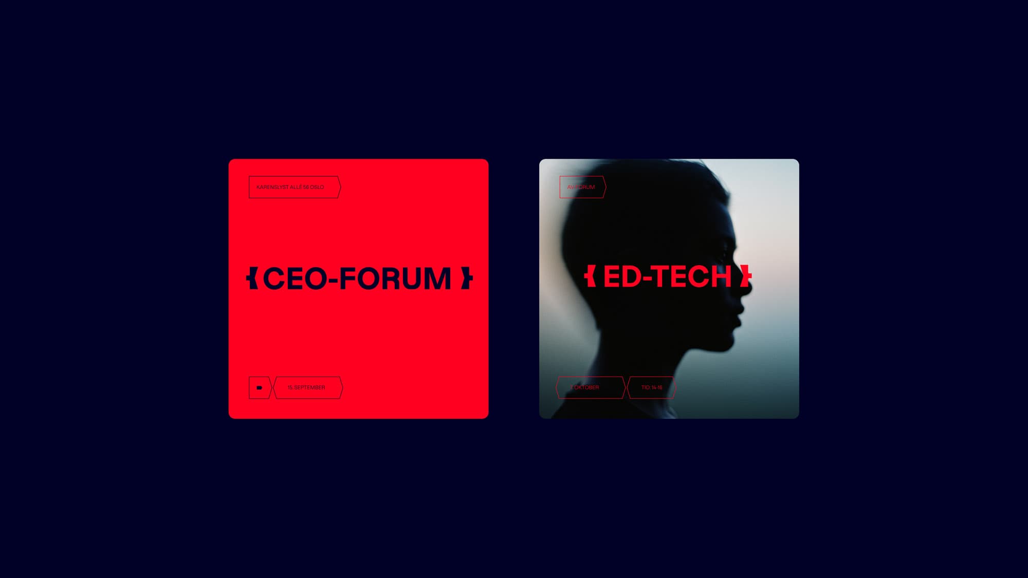 Two social media event cards on a dark navy background: a red card for "CEO-FORUM" on 11 September and a dark card for "ED-TECH" on 1 October. Shows the brand identity applied to social media content.