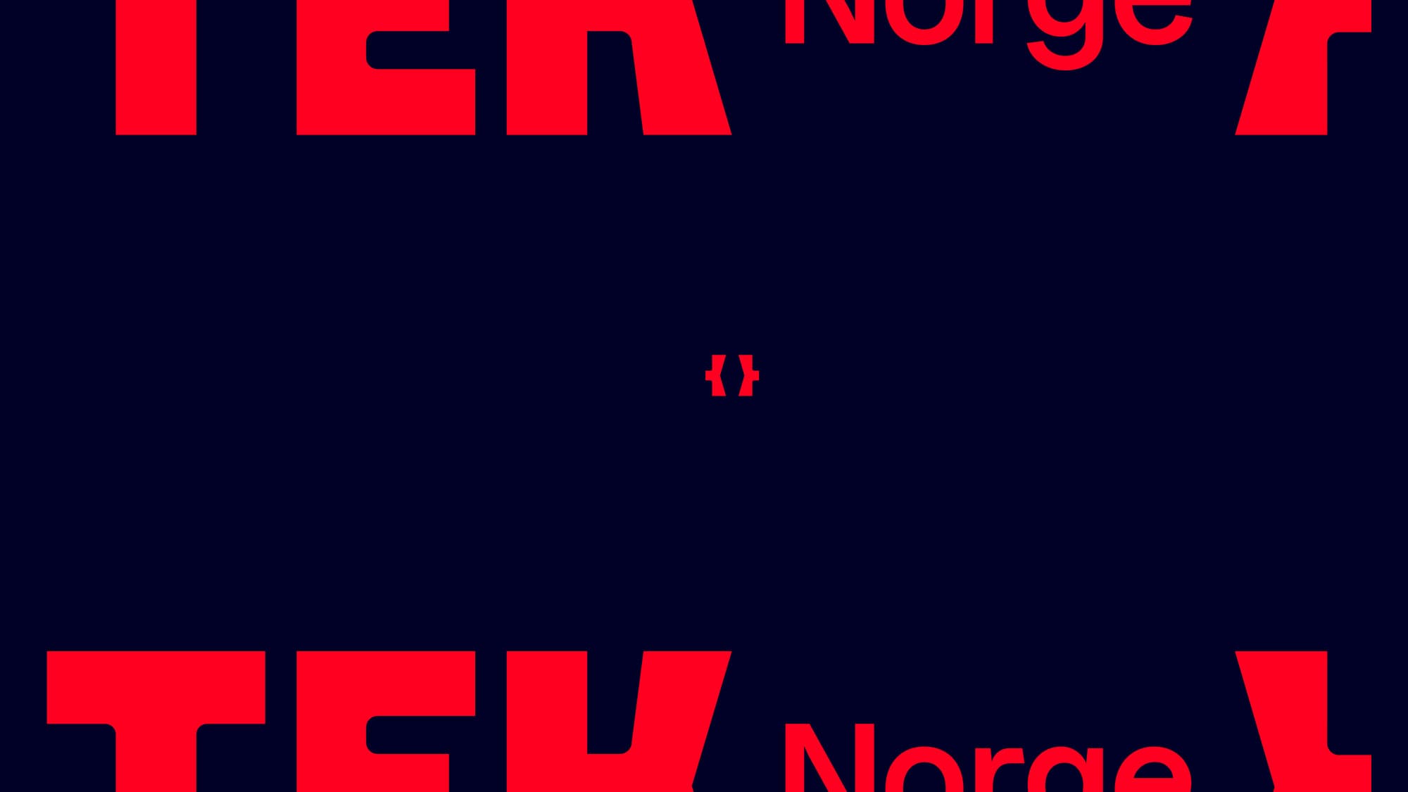 TEK Norge's logo typography repeated and tightly cropped on a dark navy background – fragments of "TEK", "Norge" and the { } symbol form a graphic pattern. Shows the brand's graphic elements used as texture.