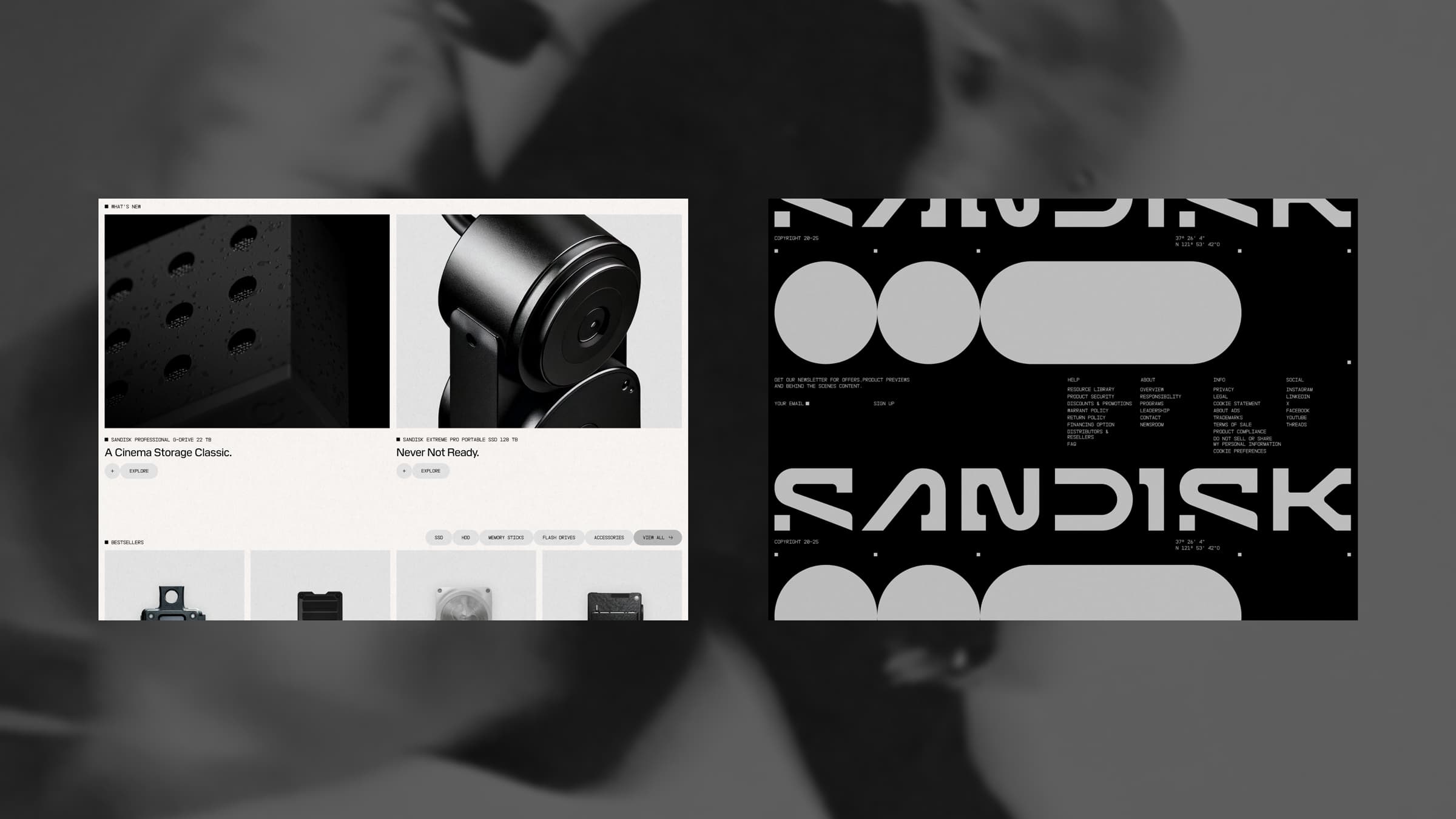 Mockup of Aino's redesign for SanDisk: e-commerce layout on the left and black brand identity with SanDisk logo and geometric shapes on the right