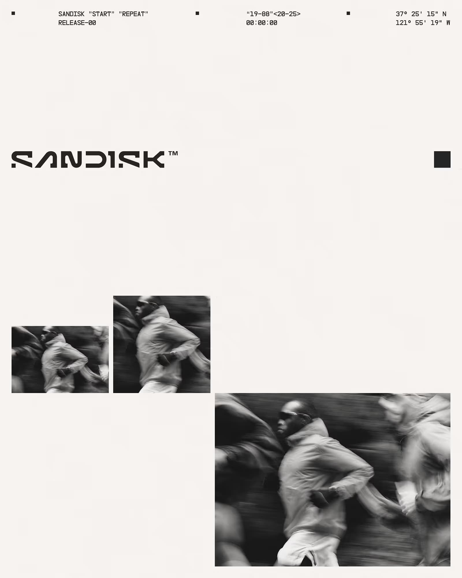 Brand layout with SanDisk logo at top and motion-blurred photos of a runner arranged in ascending sizes against a white background