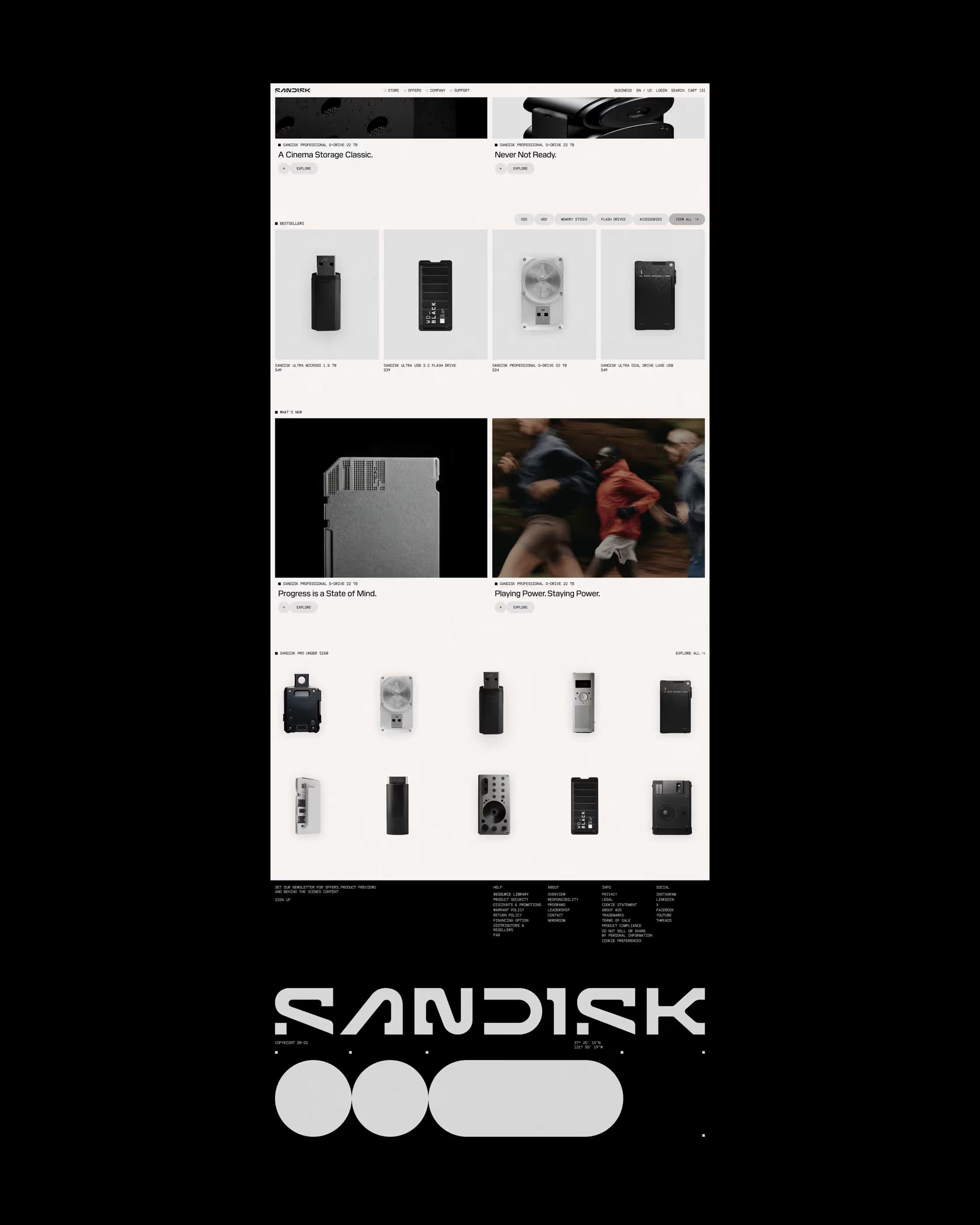 Full-page view of SanDisk e-commerce site with hero section, product grid, editorial lifestyle content, and dark footer with SanDisk logo
