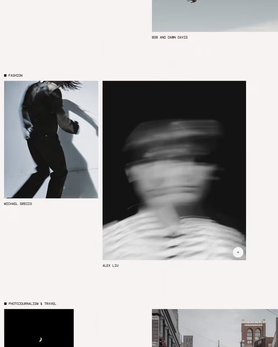 Editorial grid layout with motion-blurred black-and-white portrait photos and category labels for photography and travel