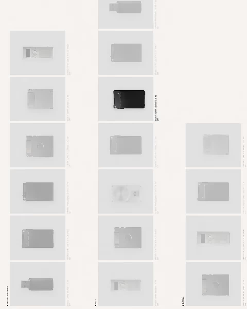 Overview of product images with transparent backgrounds arranged in a grid as an asset library for SanDisk devices