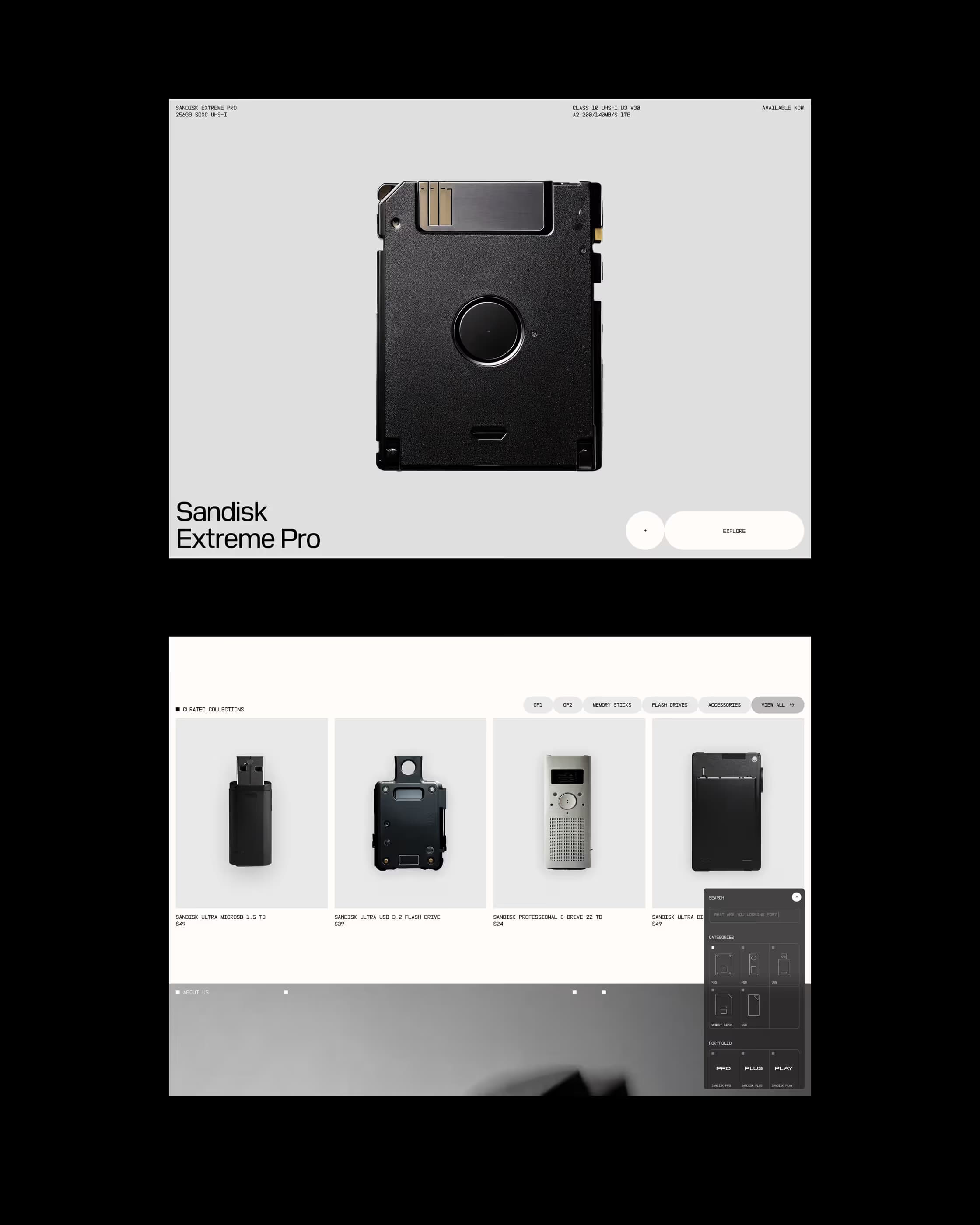 Product hero showing SanDisk Extreme Pro in retro floppy-disk-inspired design on dark background, with product carousel of SanDisk devices below