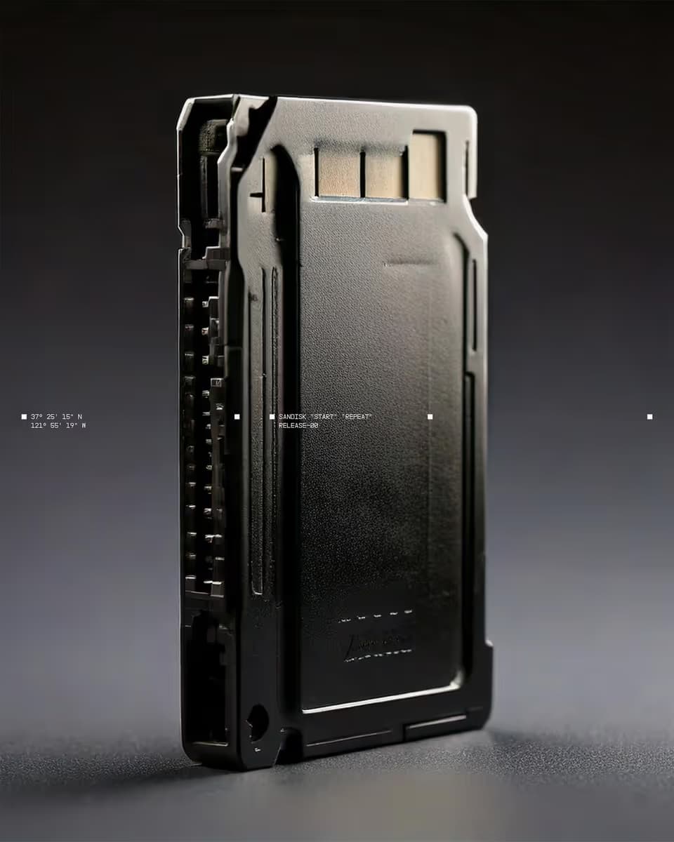3D render of SanDisk storage device in dark metal shown at an angle against a dark background with technical UI details