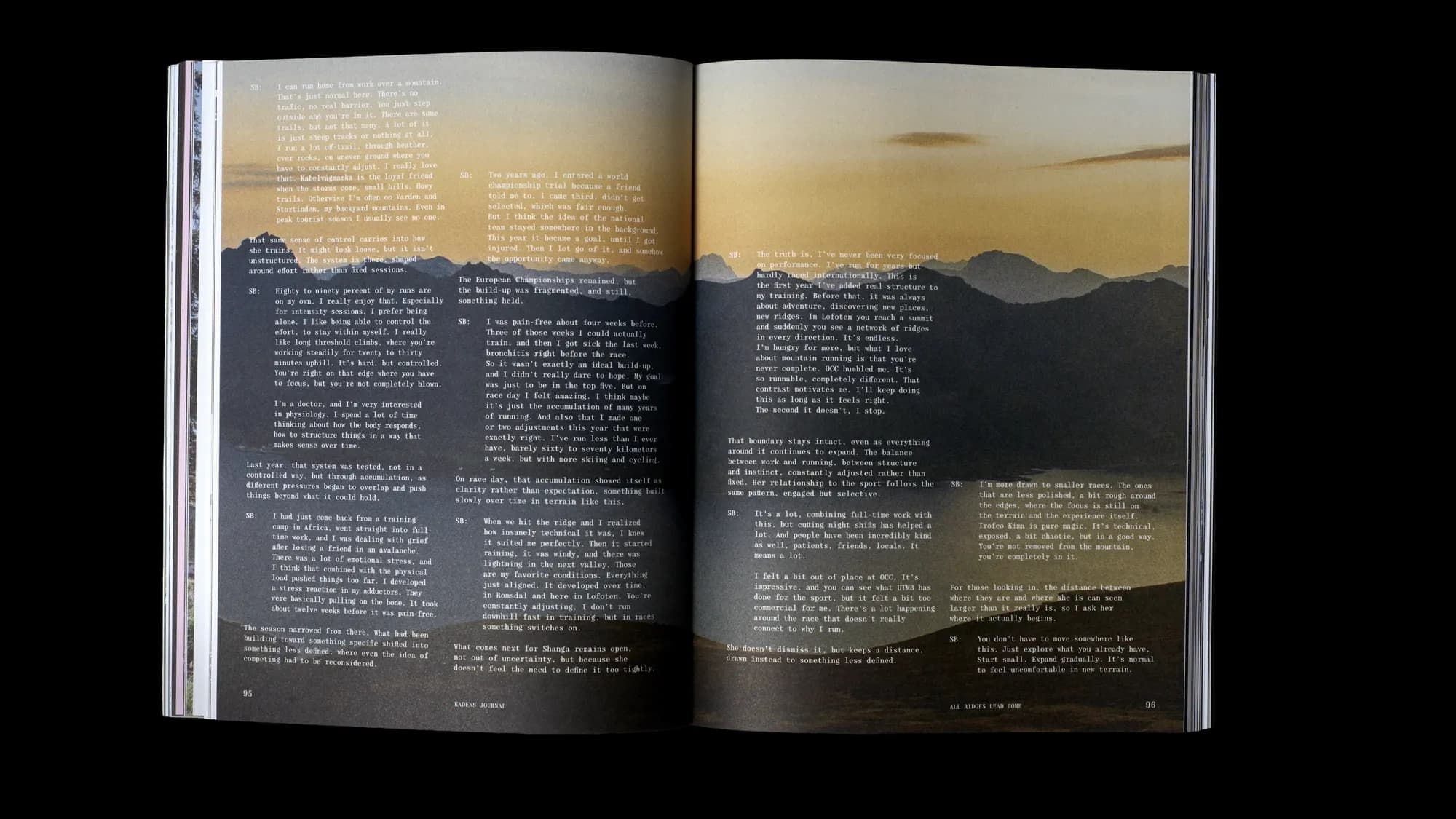 'All Ridges Lead Home' interview spread over a golden-hour mountain ridge panorama in Lofoten, discussing trail running, injury recovery and race philosophy.