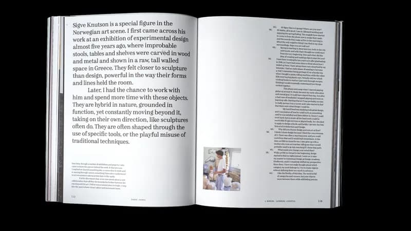 Interview spread with Norwegian designer Sigve Knutson, featuring black-and-white photos of him working with wet plaster casts in his studio.