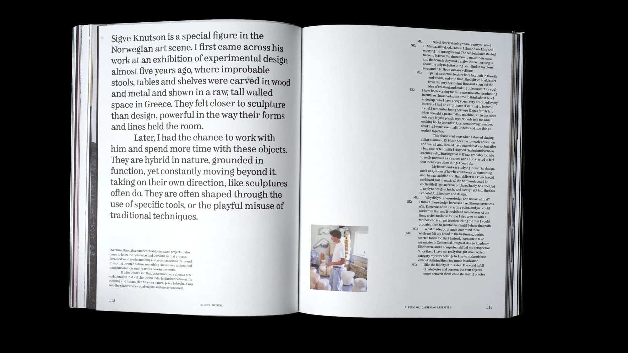 Interview spread with Norwegian designer Sigve Knutson, featuring black-and-white photos of him working with wet plaster casts in his studio.