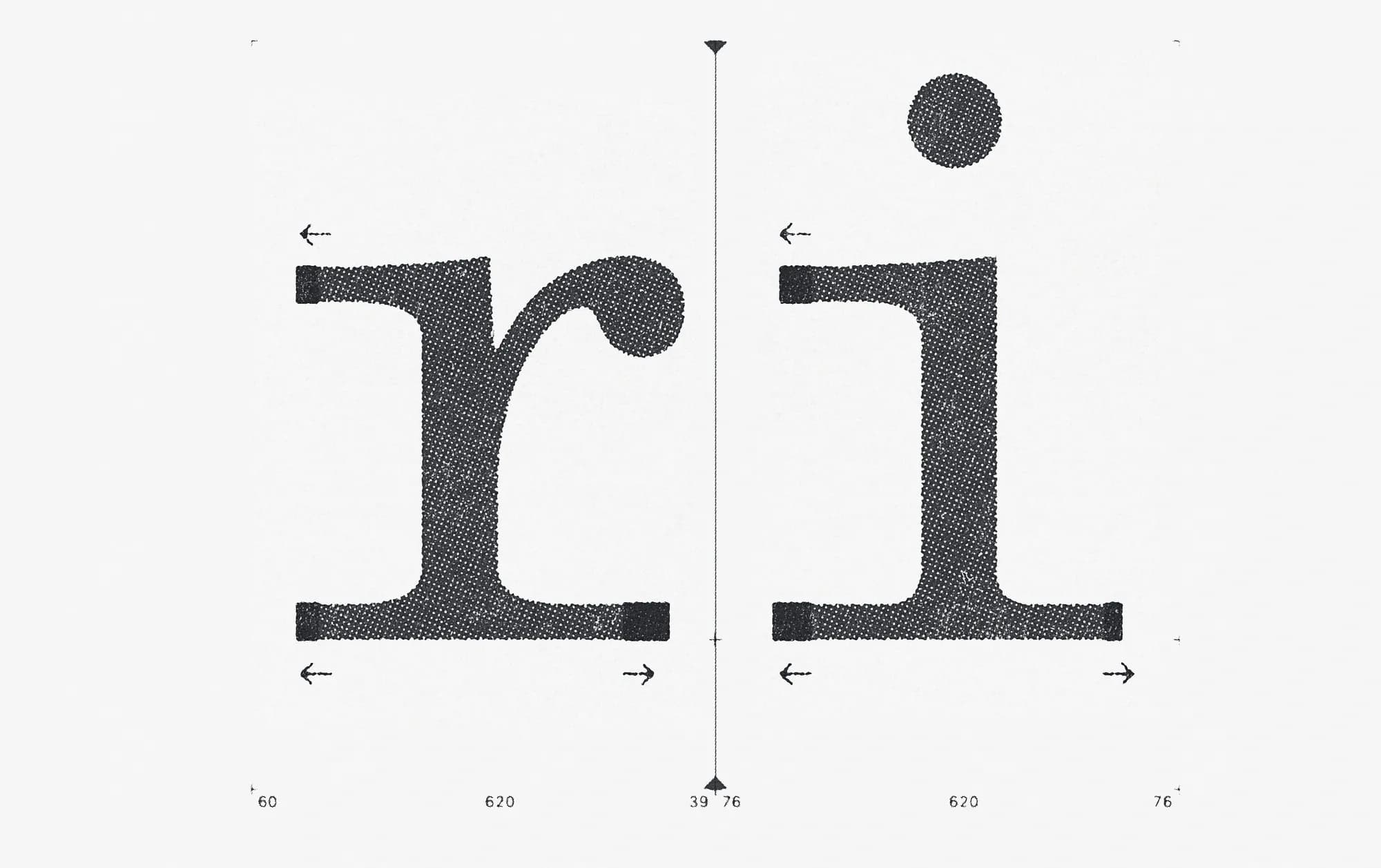Typographic kerning study comparing the letter pairs 'r' and 'i' with measurement guides and spacing values, used to fine-tune the magazine's custom typeface.
