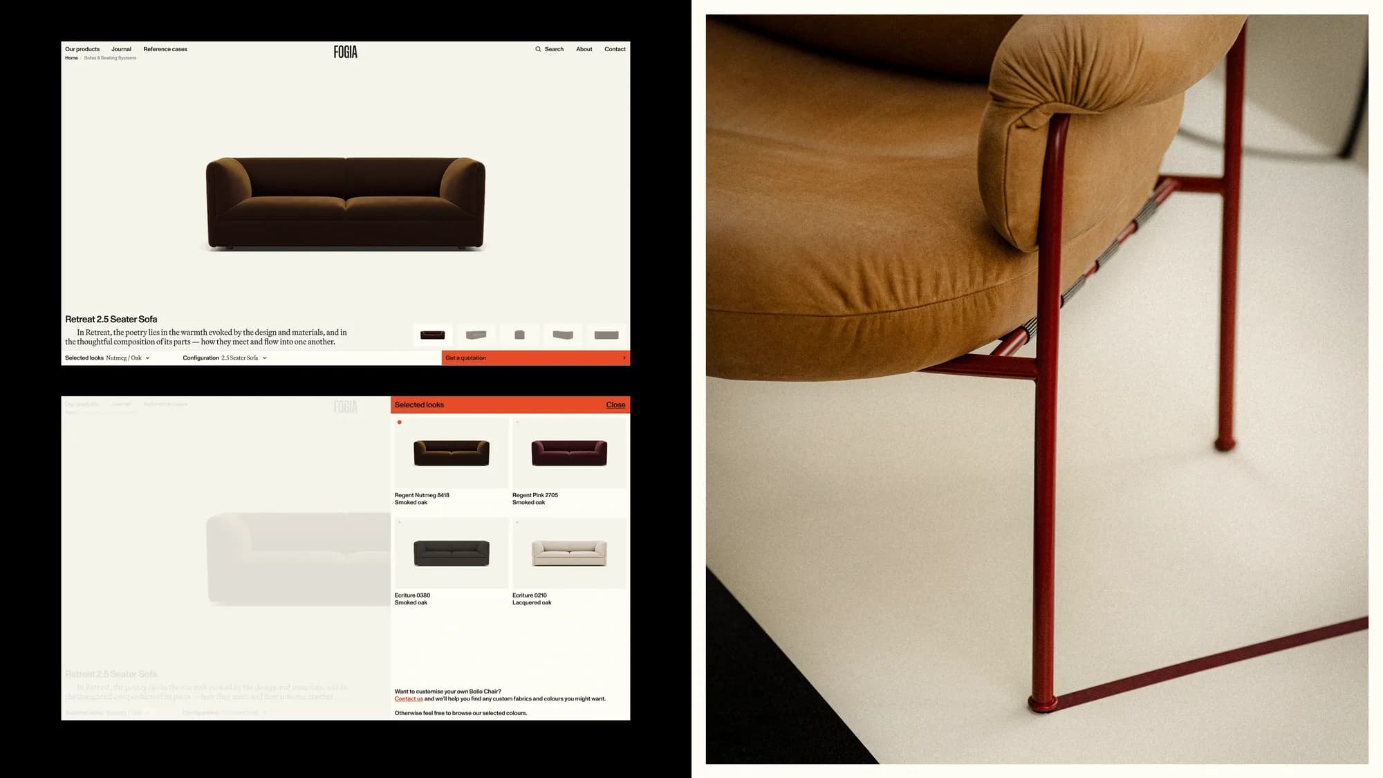Fogia website product page for the Retreat 2.5 Seater Sofa in dark brown velvet, with a 'Selected looks' panel open showing four alternative fabric and colour options.