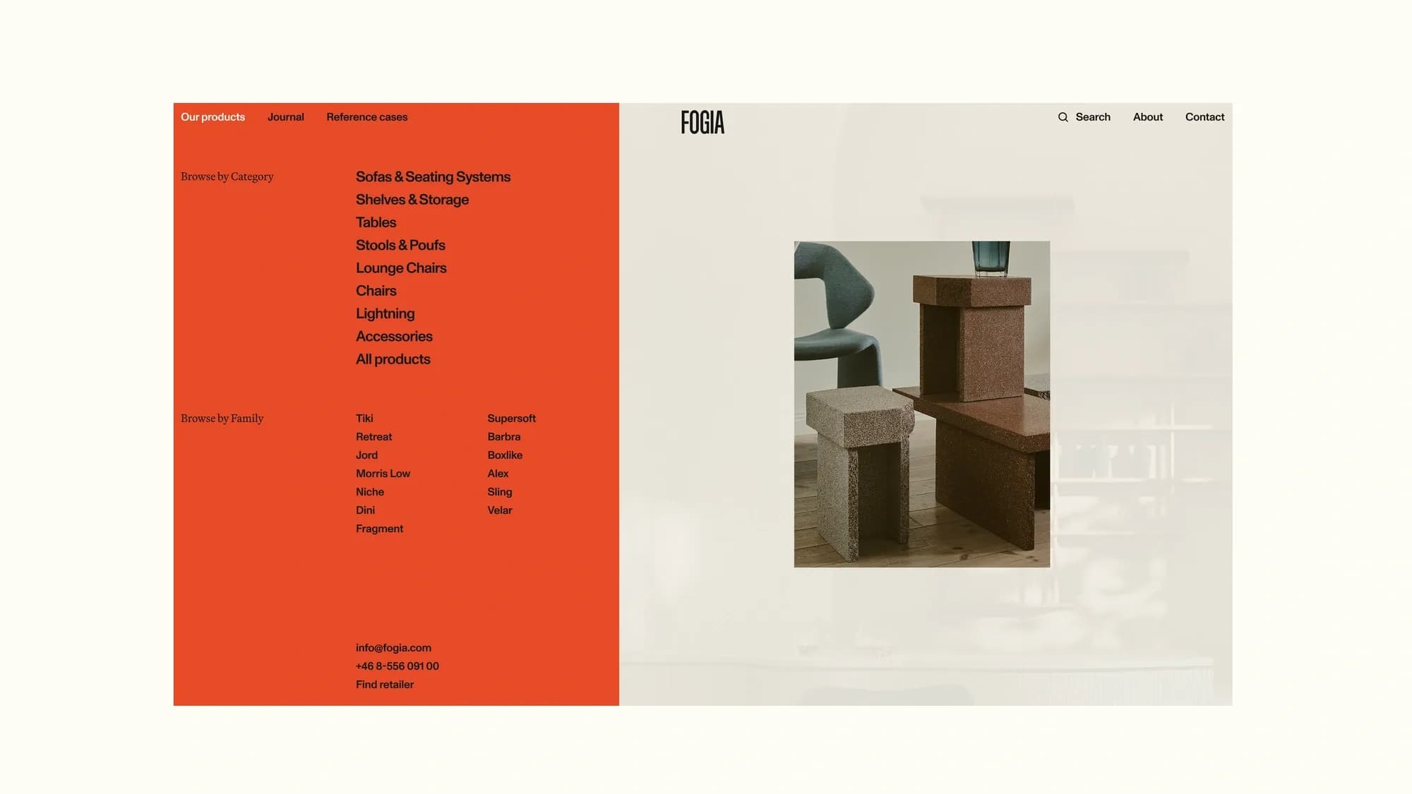 Fogia website mega-menu open over the homepage, listing product categories and furniture families beside a photo of stacked stone-textured side tables with a glass on top.