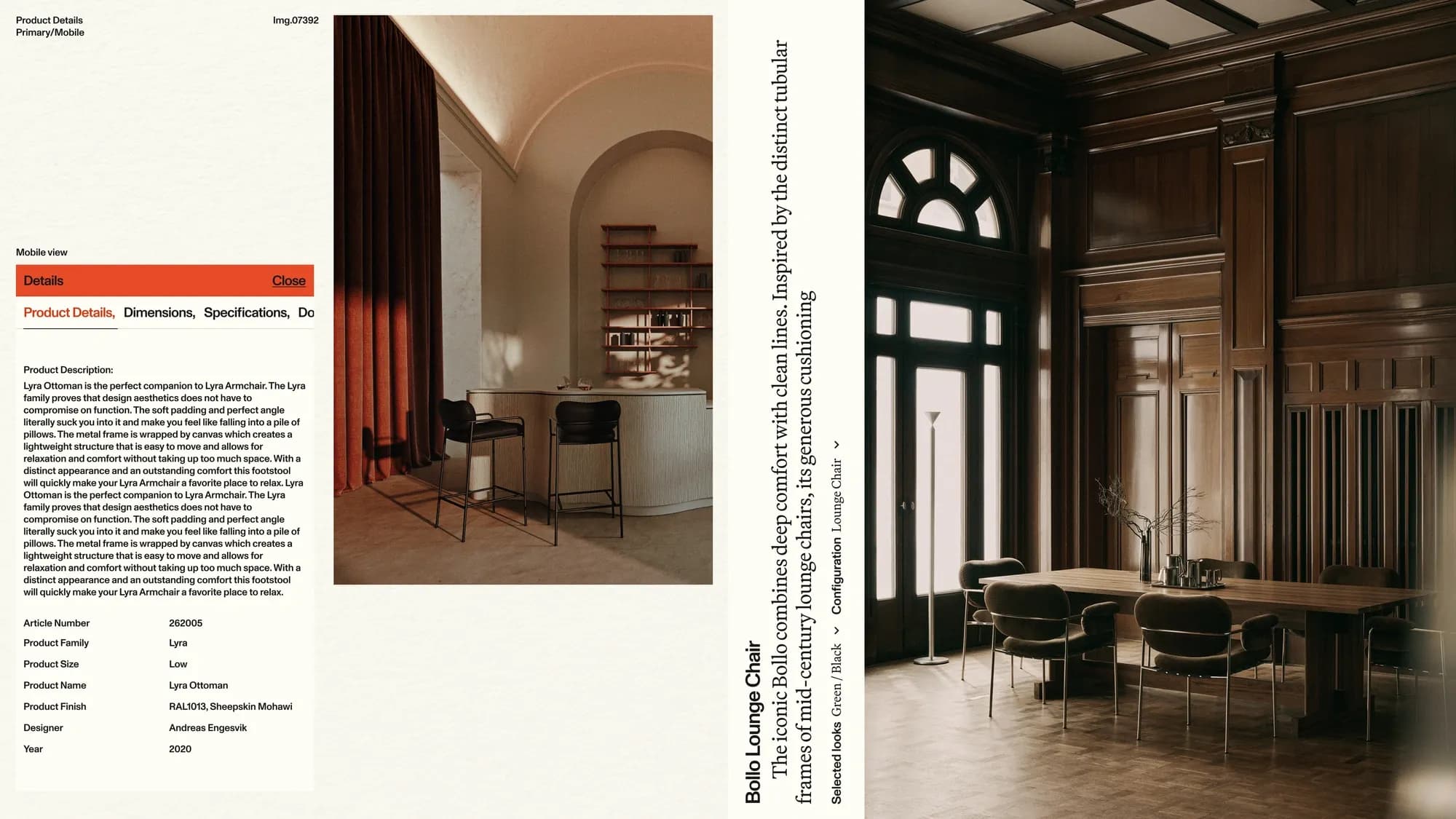 Fogia mobile product-details panel for the Lyra Ottoman by Andreas Engesvik, next to the Bollo Lounge Chair product page over a dark wood-panelled dining room with green chairs.
