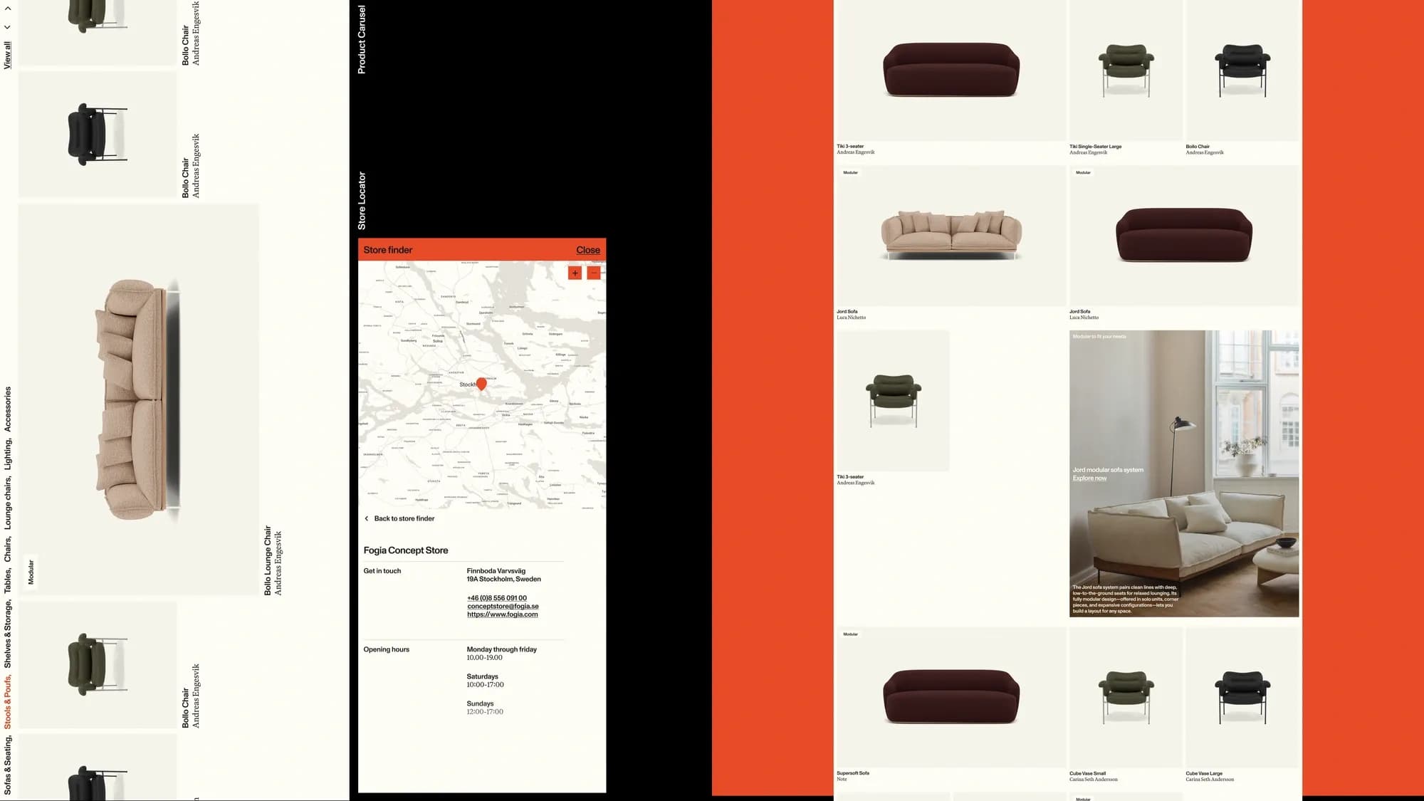 Fogia product grid featuring Tiki, Jord and Bollo pieces, beside an open store-finder map pinpointing the Fogia Concept Store in Stockholm.