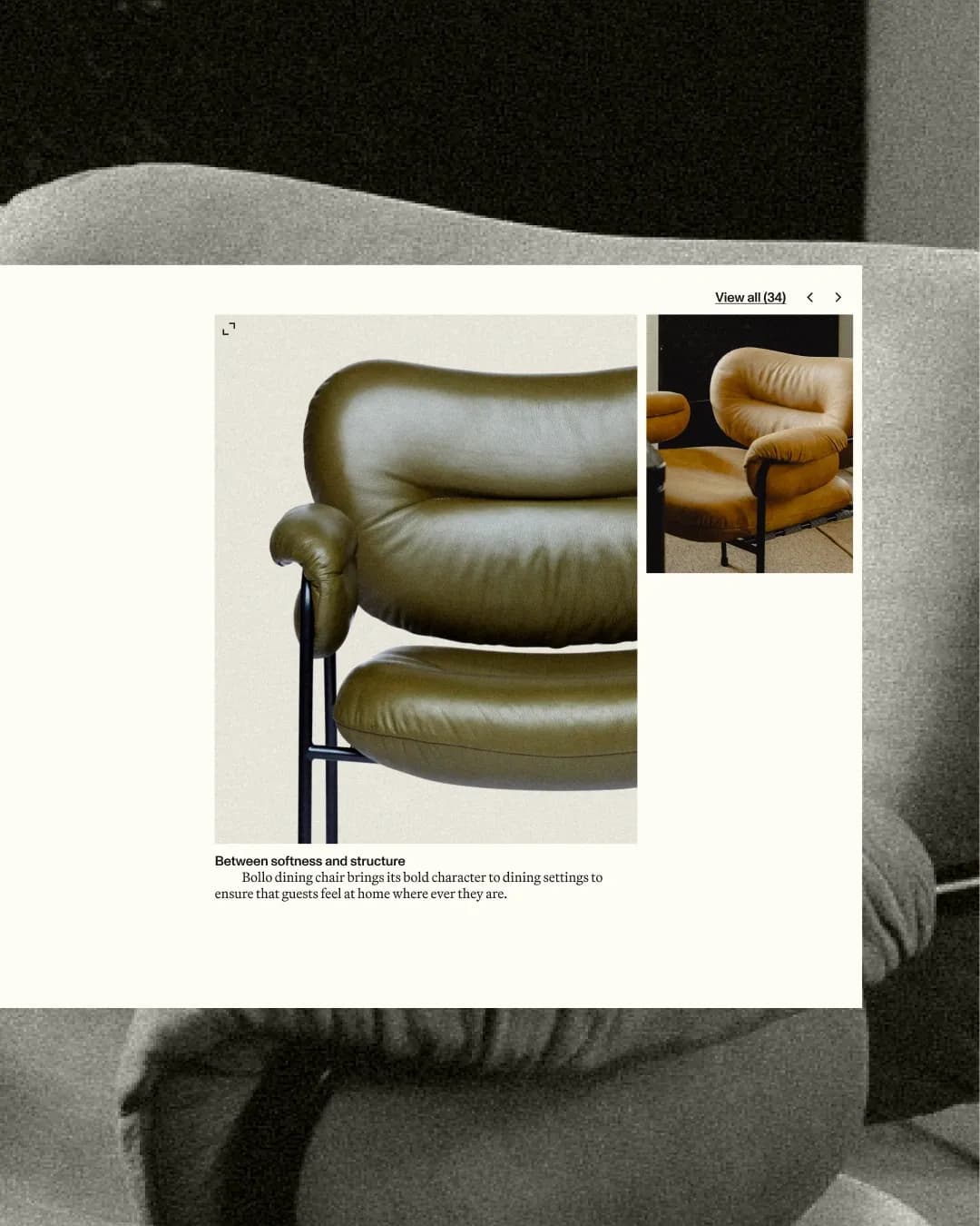 Fogia Bollo Chair gallery panel with a 'View all (34)' link, showing a close-up of the olive leather chair over a grainy black-and-white sofa photo.