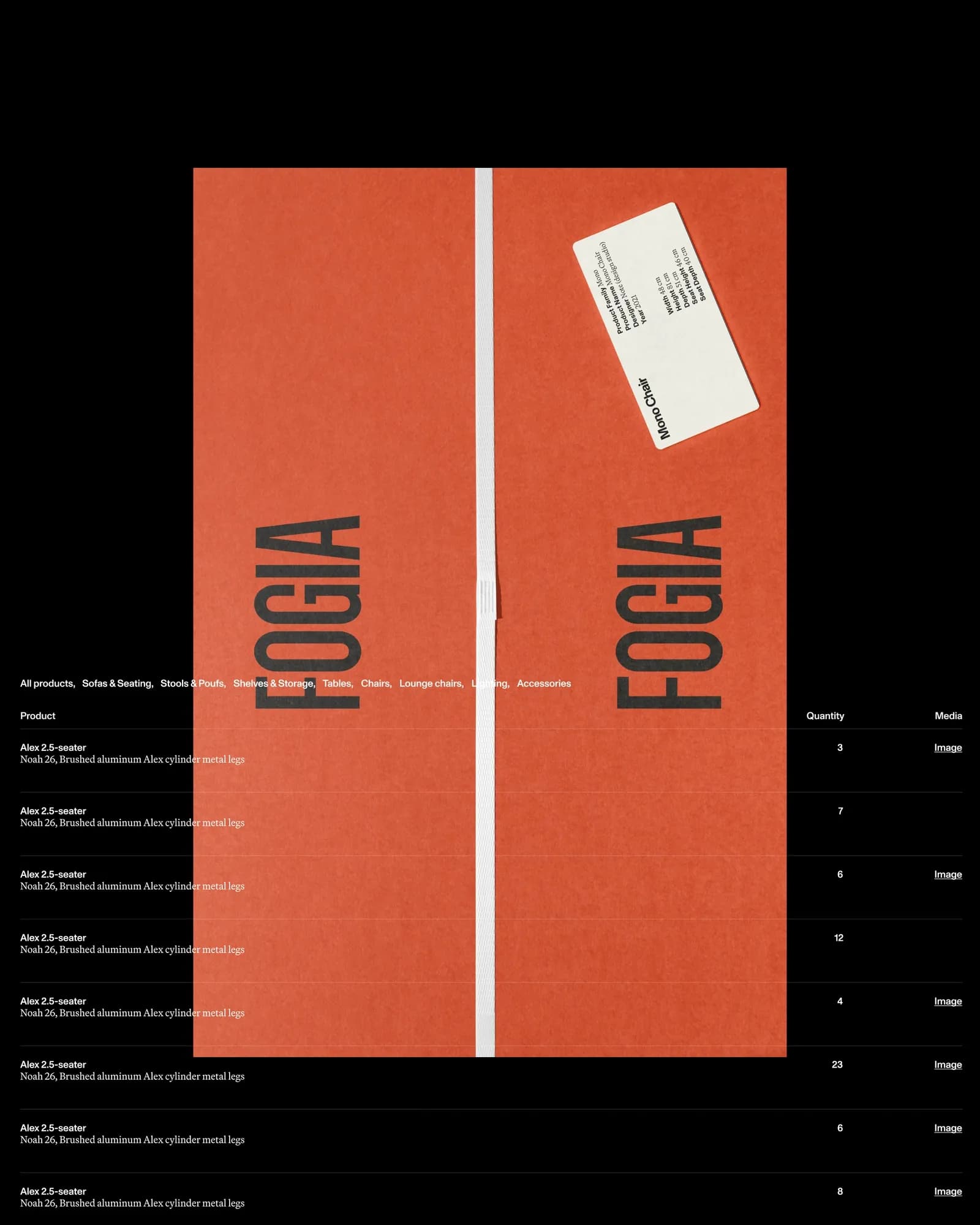 Portrait mockup of orange Fogia folders with a 'Mono Chair' spec label, over a dark product order list showing Alex 2.5-seater quantities.