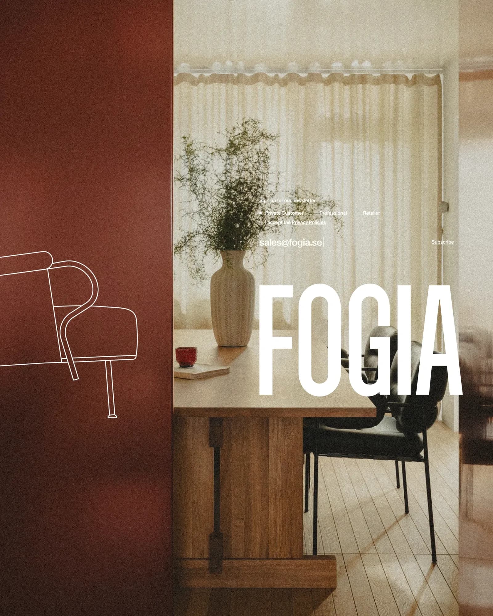 Fogia website footer with newsletter signup over a dining scene with a vase and chairs, paired with a white line drawing of an armchair on a red panel.