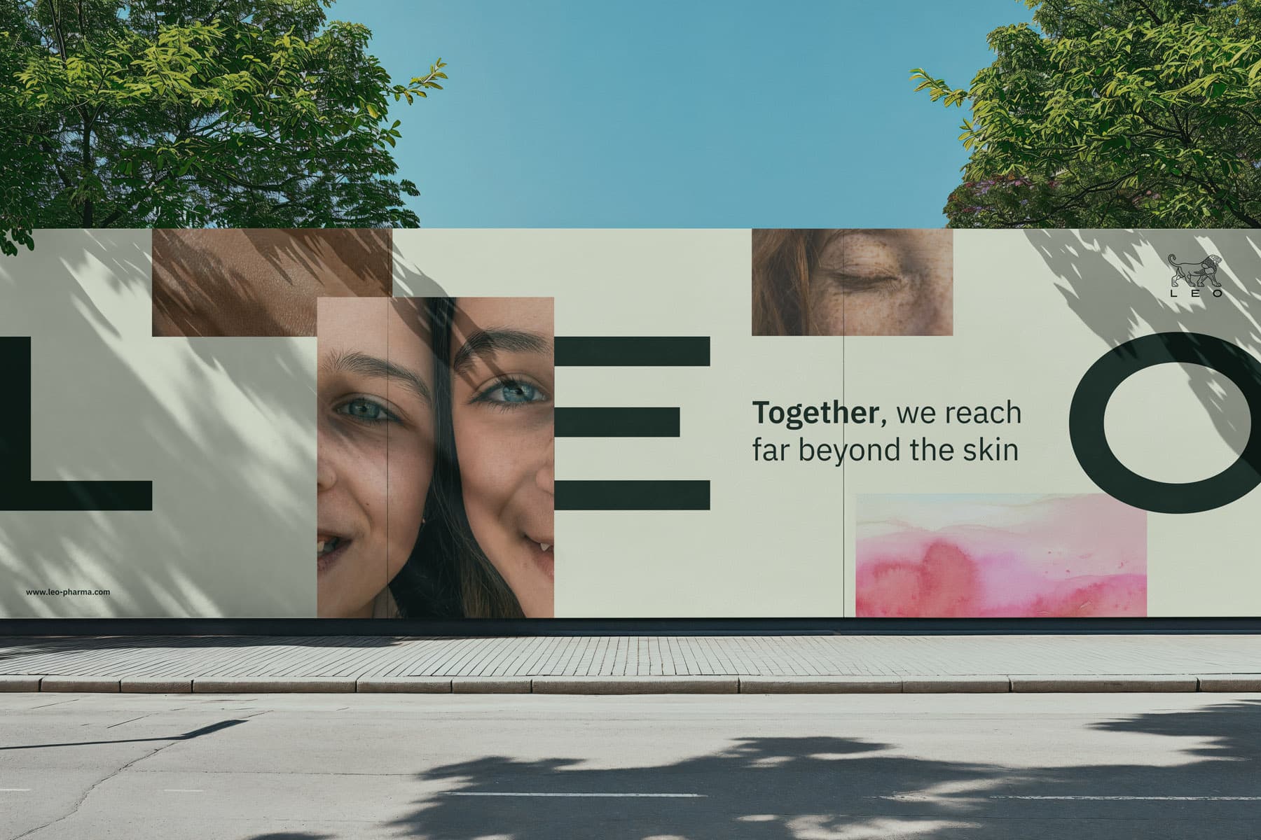 Outdoor billboard showing LEO Pharma's visual identity: Close-up face portraits, brand typography, and tagline on a large hoarding in an urban setting.