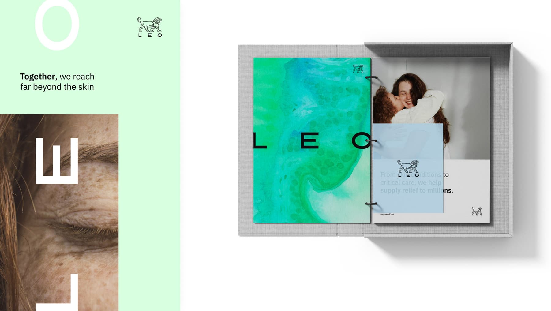LEO Pharma brand materials: Close-up of elderly person's freckled skin and eyebrow, ring binder with green watercolor cover design, brand cards, and photo of two women embracing.