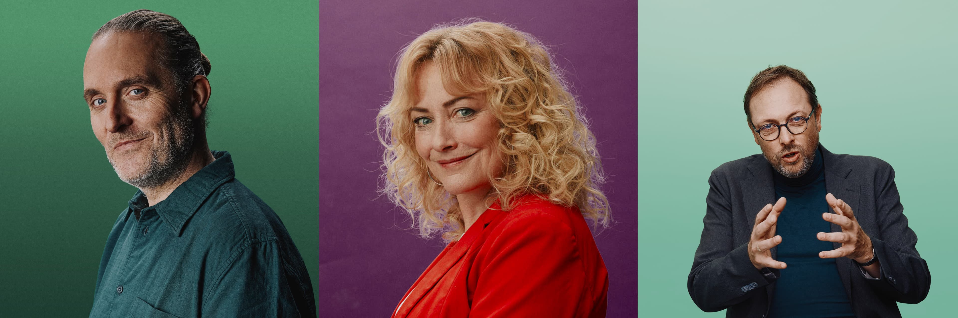 Three studio portraits of P1 hosts on green, purple and green backdrops, illustrating the consistent new photographic style.