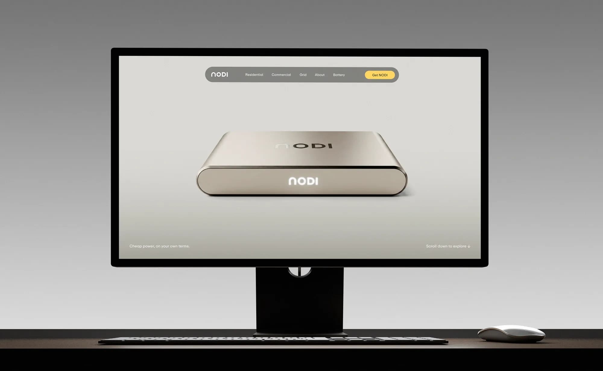 Desktop mockup of the NODI website: navigation with Residential, Commercial, Grid, About and Battery plus a yellow “Get NODI” button. The hero shows a flat, champagne-coloured battery with a glowing logo and “Cheap power, on your own terms.”