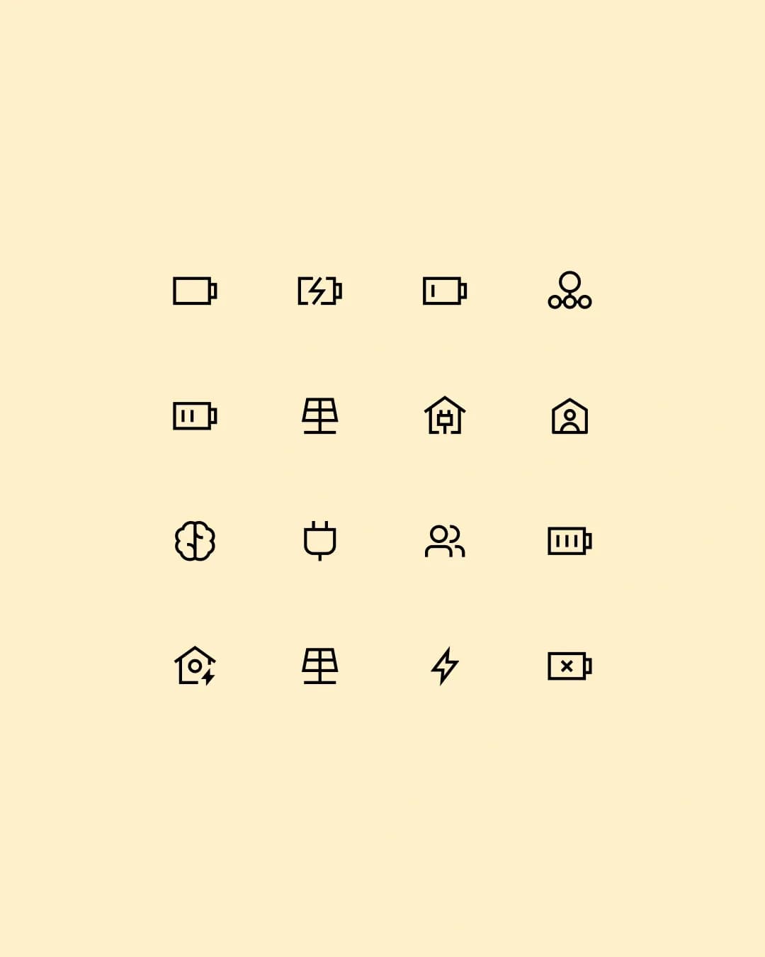 NODI icon set in black on a pale yellow background: sixteen line icons in a grid, including batteries at several charge levels, solar panel, plug, houses, users, lightning bolt and brain. Same set as the dark variant.