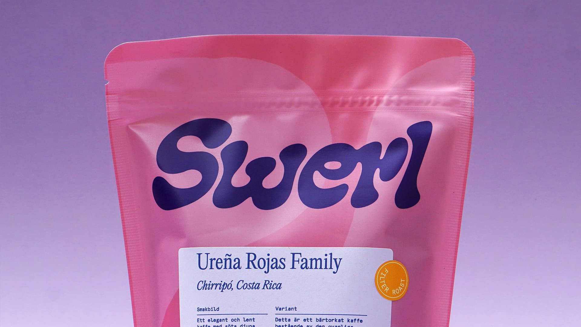 Close-up shot of one red pack of Swerl coffee